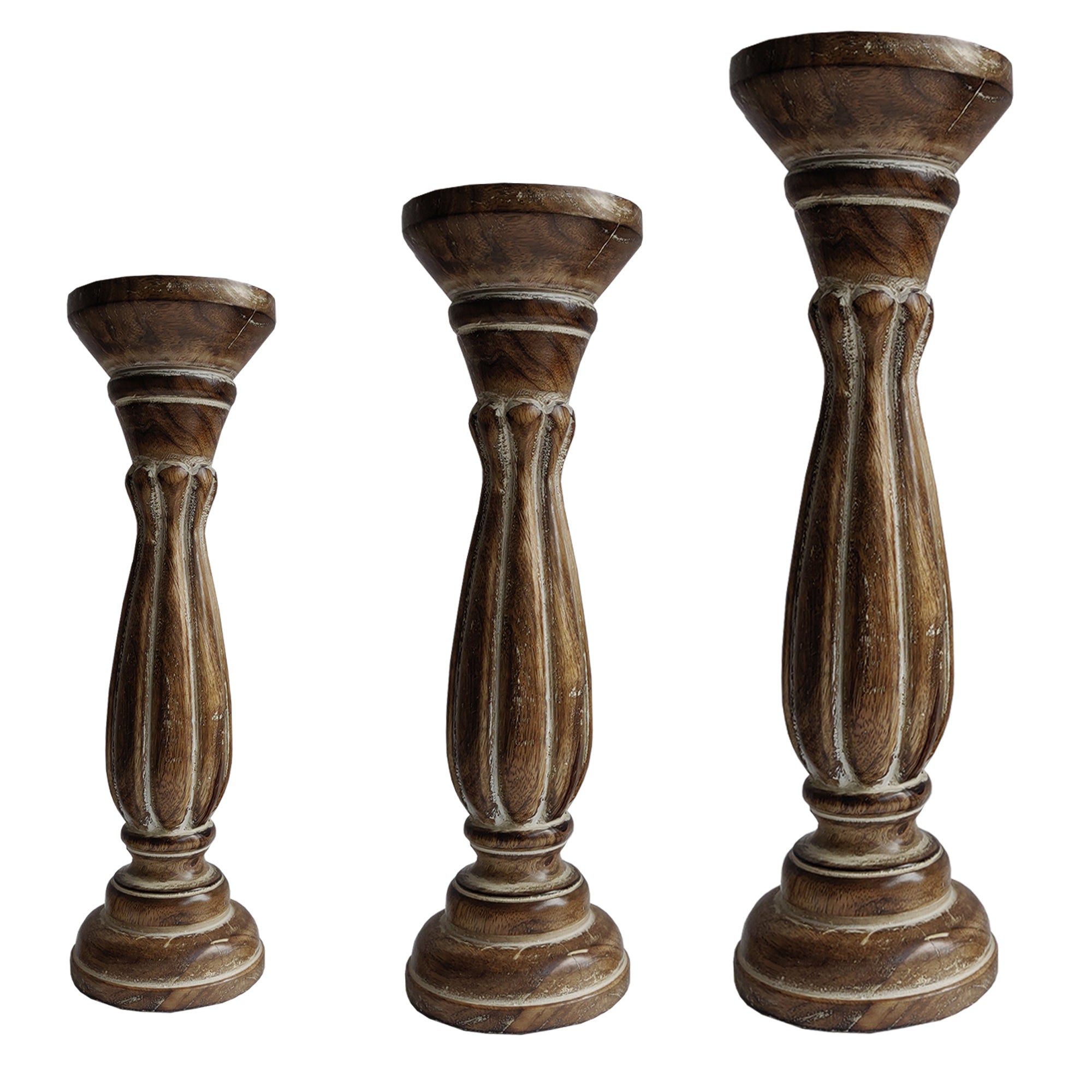 Handmade Wooden Candle Holder With Pillar Base Support, Distressed Brown, Set Of 3 Brown Solid Wood