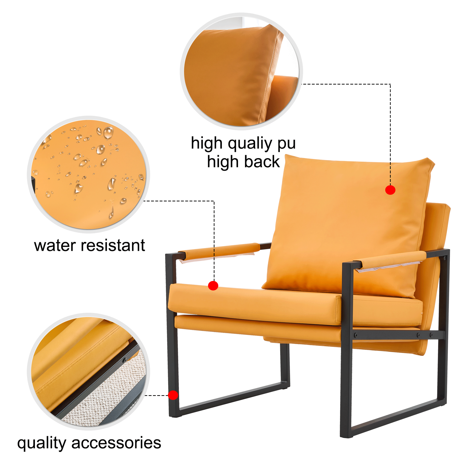 Pu Leather Armchair, Medieval Metal Frame Cushion Backrest Living Room Sofa Chair Orange Pu Leather Metal Frame Foam 2 Pieces Sf 008 Orange Foam Pu