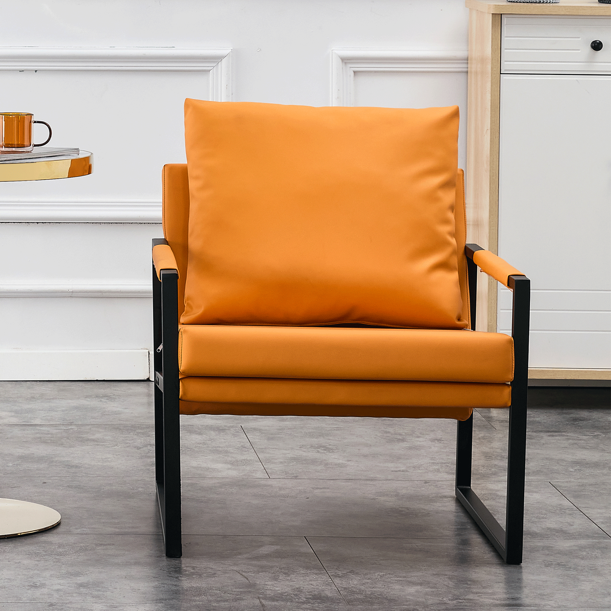 Pu Leather Armchair, Medieval Metal Frame Cushion Backrest Living Room Sofa Chair Orange Pu Leather Metal Frame Foam 2 Pieces Sf 008 Orange Foam Pu