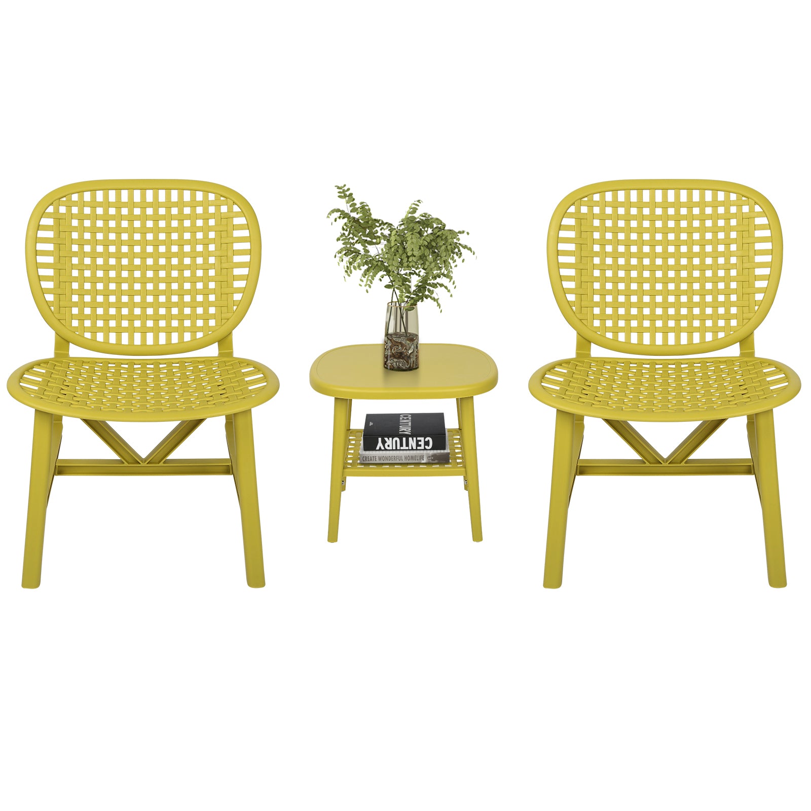 3 Pieces Hollow Design Patio Table Chair Set All Weather Conversation Bistro Set Outdoor Coffee Table With Open Shelf And Lounge Chairs With Widened Seat For Balcony Garden Yard Yellow Yellow Polypropylene