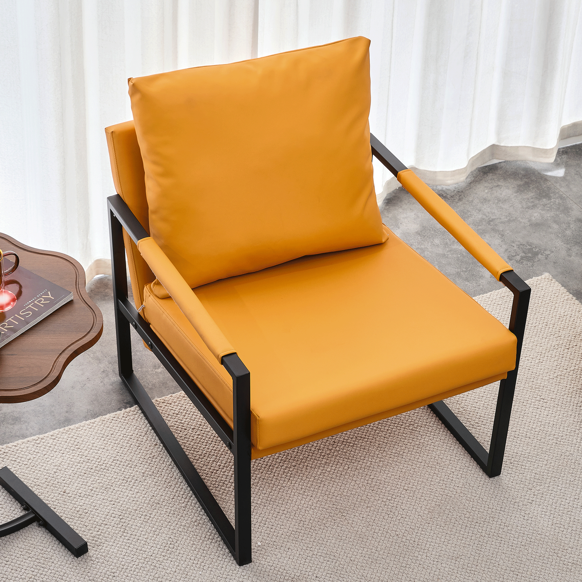 Pu Leather Armchair, Medieval Metal Frame Cushion Backrest Living Room Sofa Chair Orange Pu Leather Metal Frame Foam 2 Pieces Sf 008 Orange Foam Pu