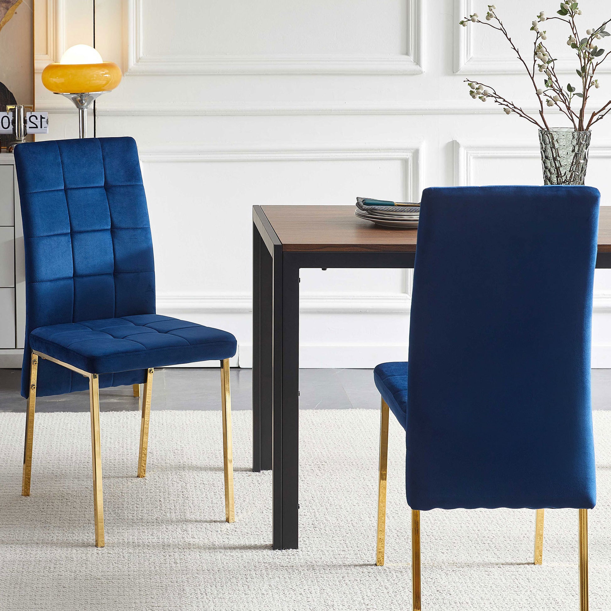 Dark Blue Velvet High Back Nordic Dining Chair Modern Fabric Chair With Golden Color Legs, Set Of 2 Dark Blue Dining Room Modern Dining Chairs Foam Velvet