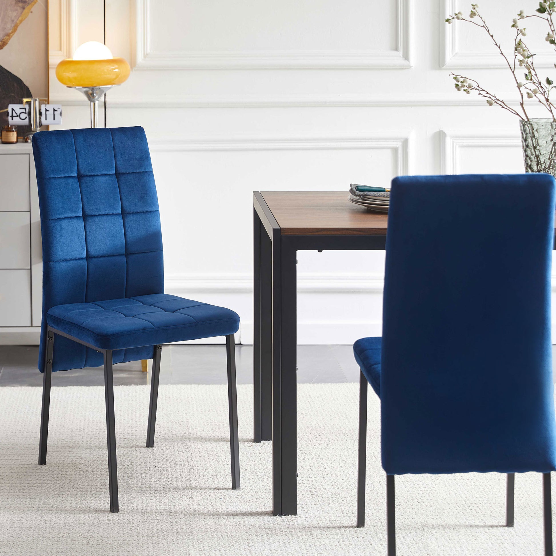 Dark Blue Velvet High Back Nordic Dining Chair Modern Fabric Chair With Black Legs, Set Of 4 Metal Plaid Dark Blue Dining Room Powder Coated Foam Dry Clean Modern Dining Chairs Solid Back Foam Velvet