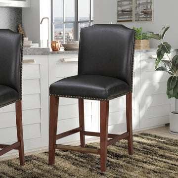 Blaire Stationary Brown Faux Leather Counter Stool With Nail Heads Dark Brown Foam Fabric