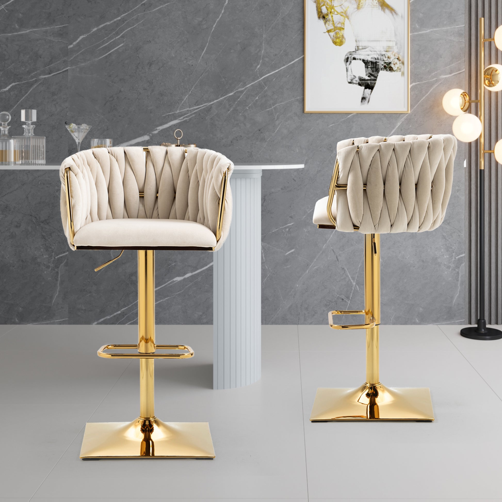 Coolmore Vintage Bar Stools With Back And Footrest Counter Height Dining Chairs 2Pc Set Ivory Metal