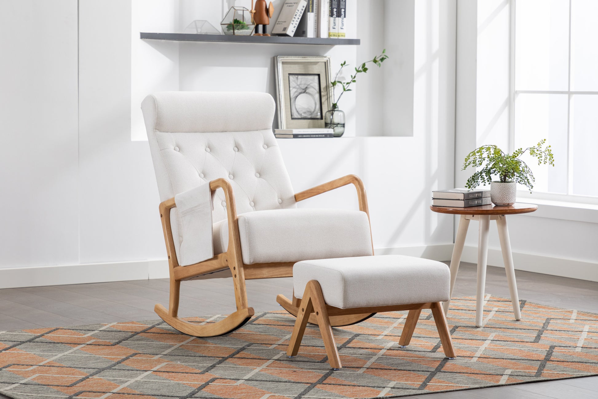 Coolmore Rocking Chair With Ottoman, Mid Century Modern Upholstered Fabric Rocking Armchair, Rocking Chair Nursery With Thick Padded Cushion, High Backrest Accent Glider Rocker Chair For Living Room Beige Solid Wood