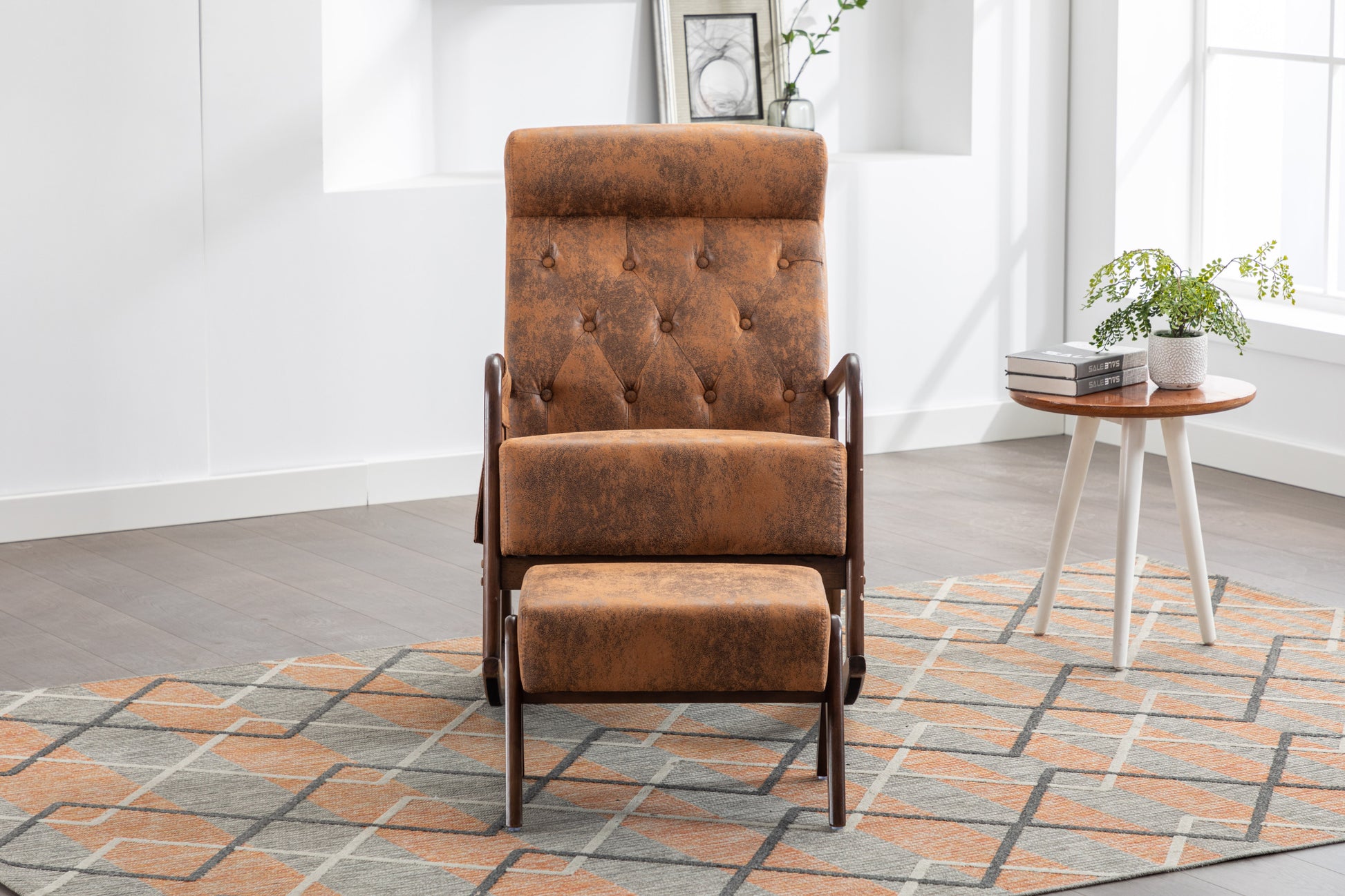 Coolmore Rocking Chair With Ottoman, Mid Century Modern Upholstered Fabric Rocking Armchair, Rocking Chair Nursery With Thick Padded Cushion, High Backrest Accent Glider Rocker Chair For Living Room Coffee Solid Wood