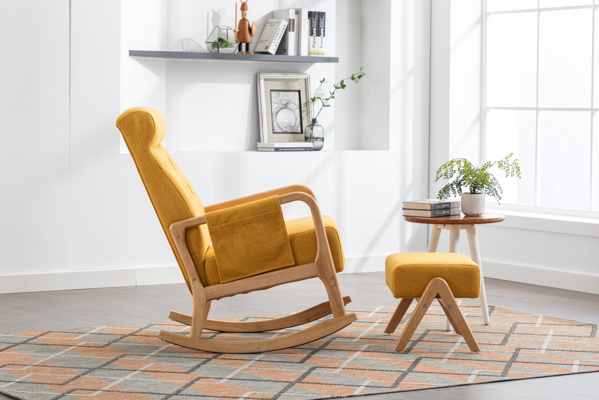 Coolmore Rocking Chair With Ottoman, Mid Century Modern Upholstered Fabric Rocking Armchair, Rocking Chair Nursery With Thick Padded Cushion, High Backrest Accent Glider Rocker Chair For Living Room Yellow Solid Wood