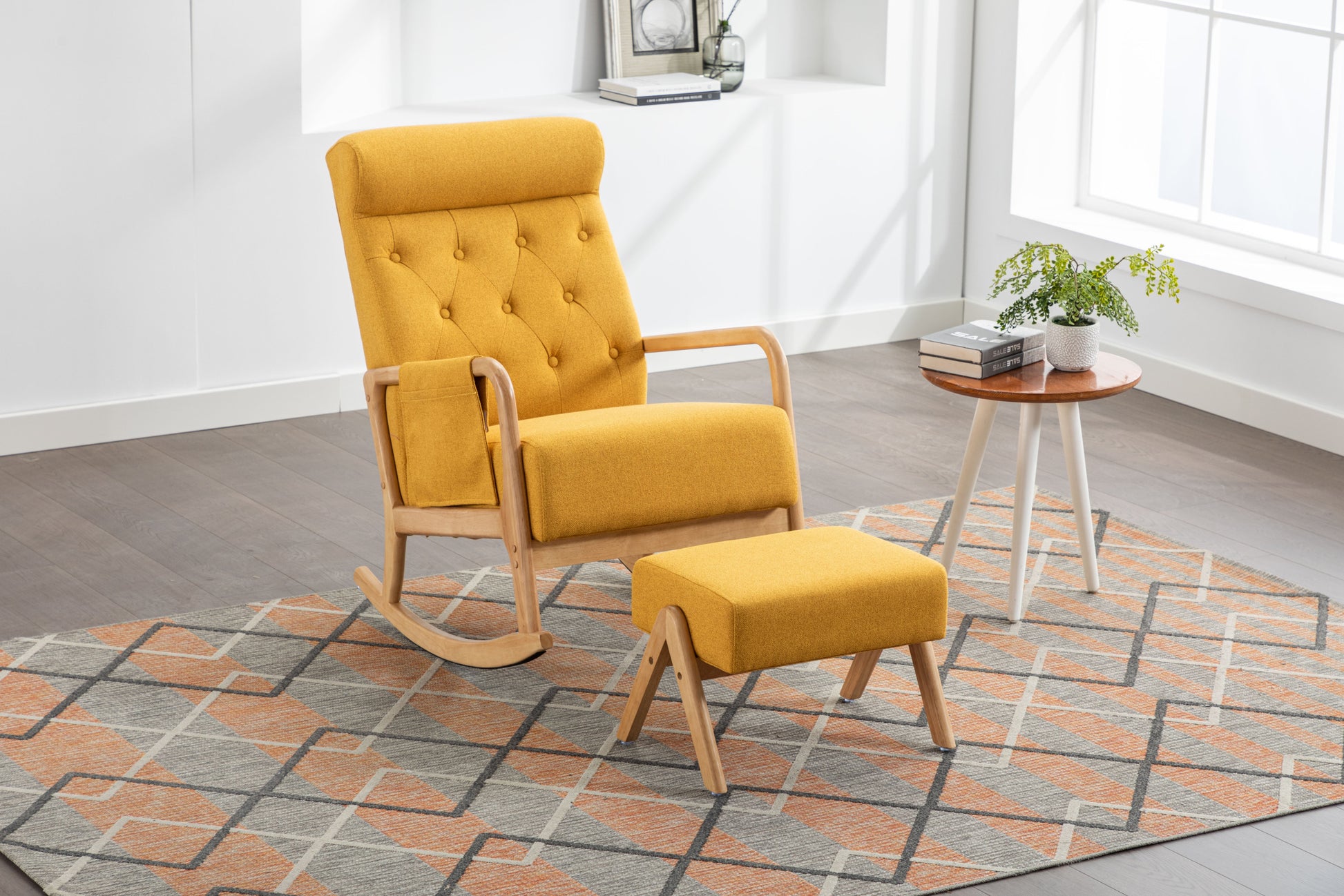 Coolmore Rocking Chair With Ottoman, Mid Century Modern Upholstered Fabric Rocking Armchair, Rocking Chair Nursery With Thick Padded Cushion, High Backrest Accent Glider Rocker Chair For Living Room Yellow Solid Wood