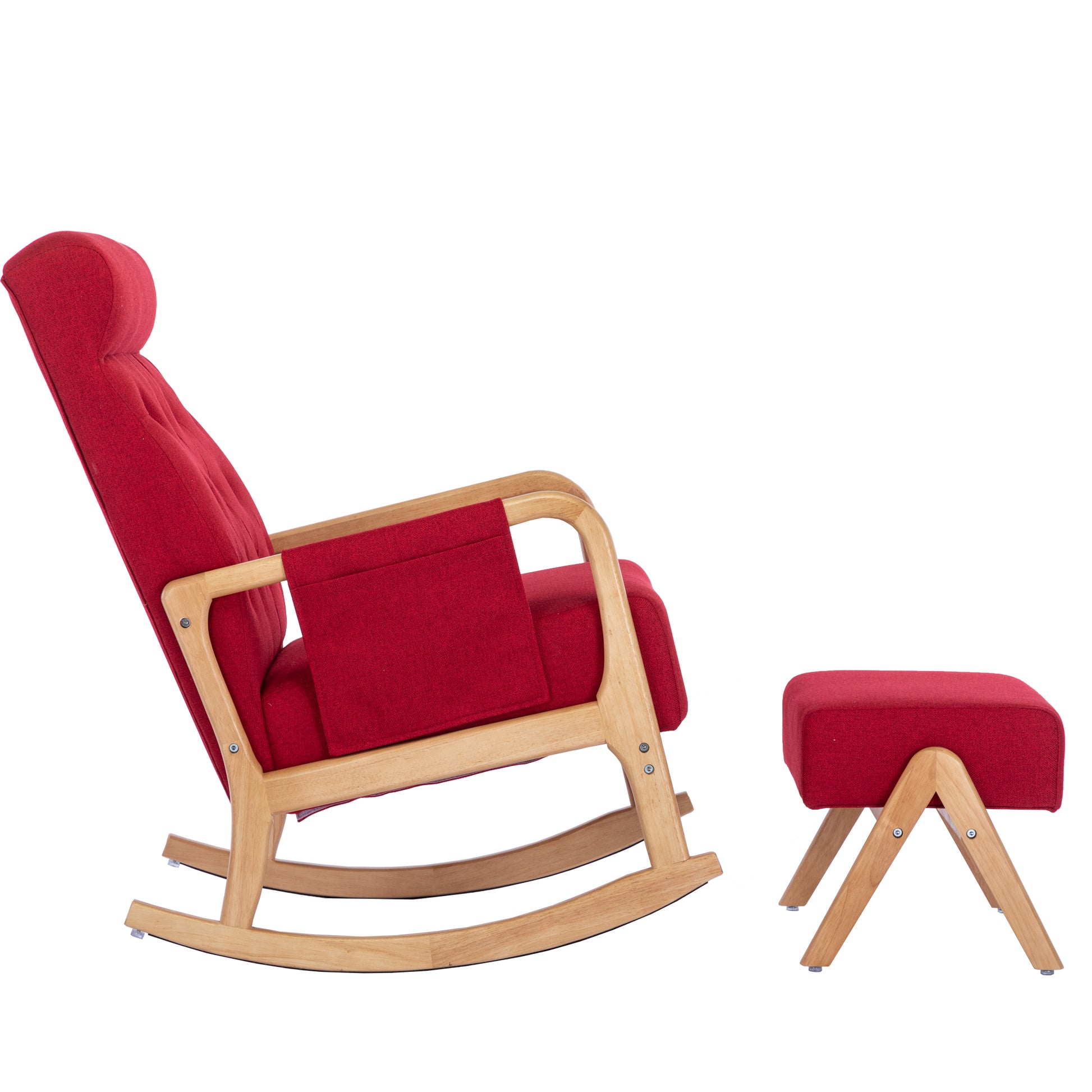 Coolmore Rocking Chair With Ottoman, Mid Century Modern Upholstered Fabric Rocking Armchair, Rocking Chair Nursery With Thick Padded Cushion, High Backrest Accent Glider Rocker Chair For Living Room Red Solid Wood