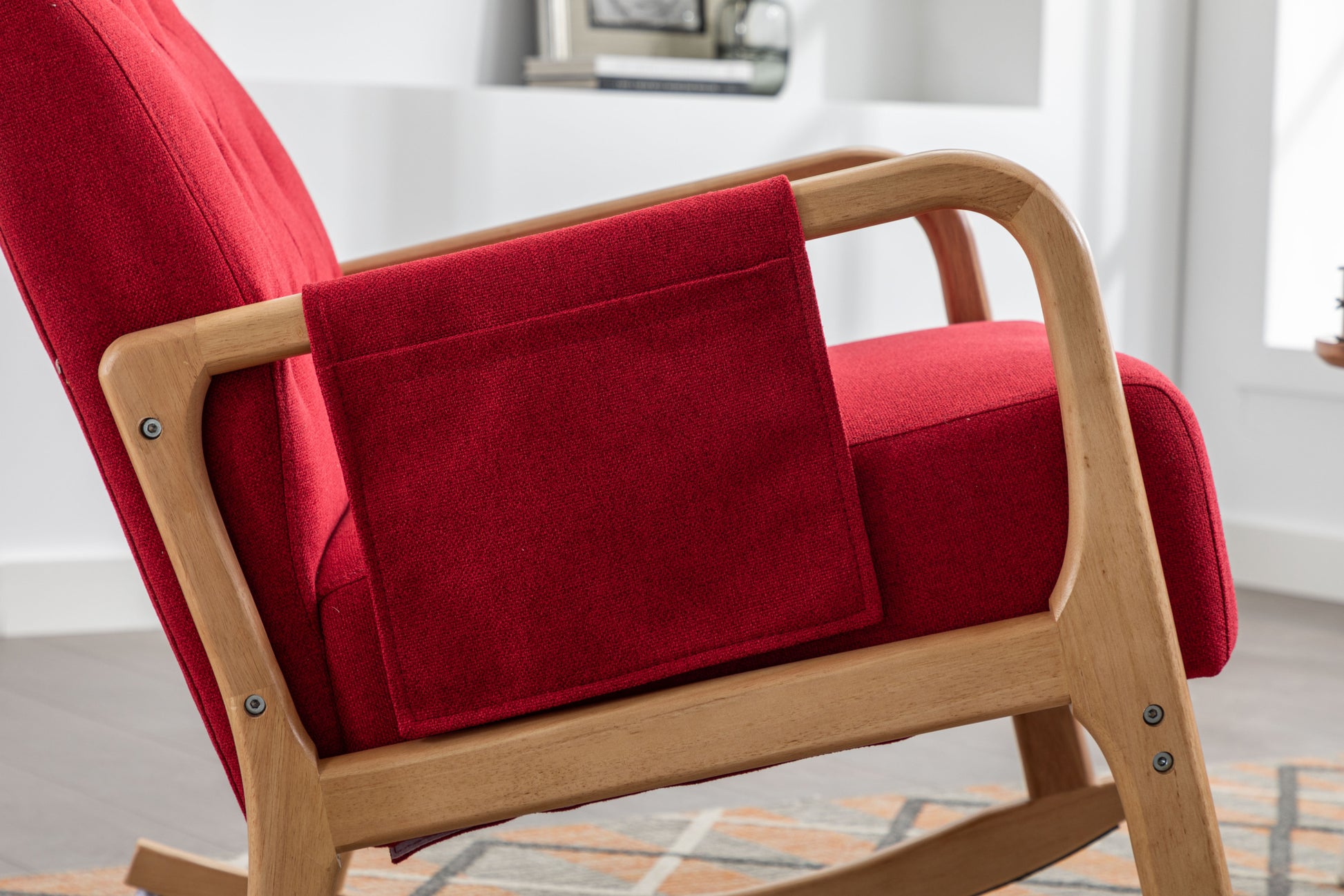 Coolmore Rocking Chair With Ottoman, Mid Century Modern Upholstered Fabric Rocking Armchair, Rocking Chair Nursery With Thick Padded Cushion, High Backrest Accent Glider Rocker Chair For Living Room Red Solid Wood