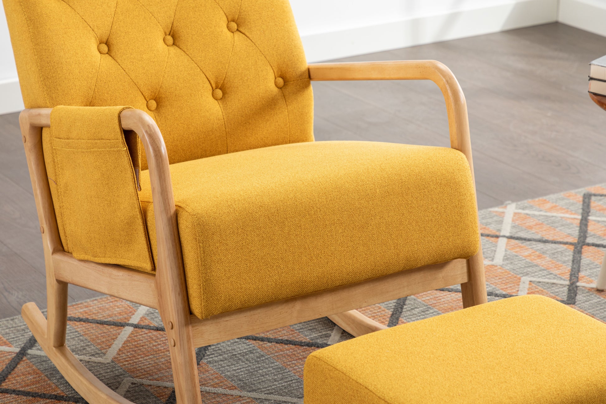 Coolmore Rocking Chair With Ottoman, Mid Century Modern Upholstered Fabric Rocking Armchair, Rocking Chair Nursery With Thick Padded Cushion, High Backrest Accent Glider Rocker Chair For Living Room Yellow Solid Wood