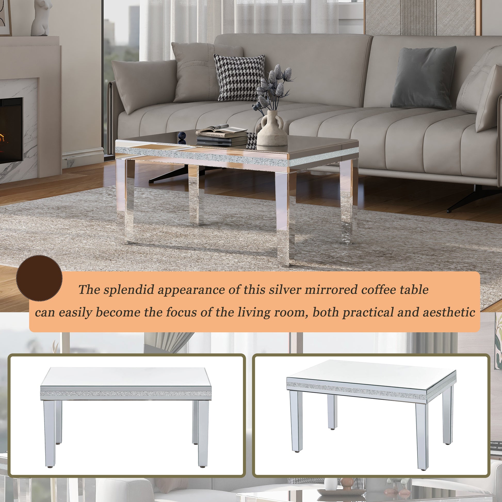 Fashionable Modern Glass Mirrored Coffee Table, Easy Assembly Cocktail Table With Crystal Design And Adjustable Height Legs, Silver Silver Glass