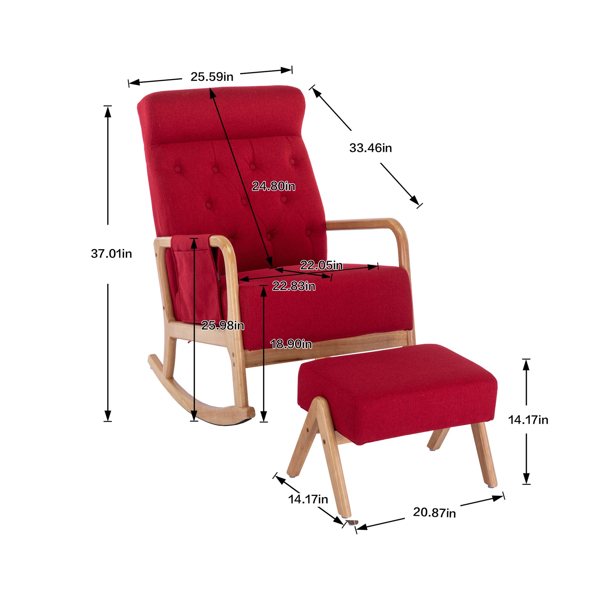 Coolmore Rocking Chair With Ottoman, Mid Century Modern Upholstered Fabric Rocking Armchair, Rocking Chair Nursery With Thick Padded Cushion, High Backrest Accent Glider Rocker Chair For Living Room Red Solid Wood