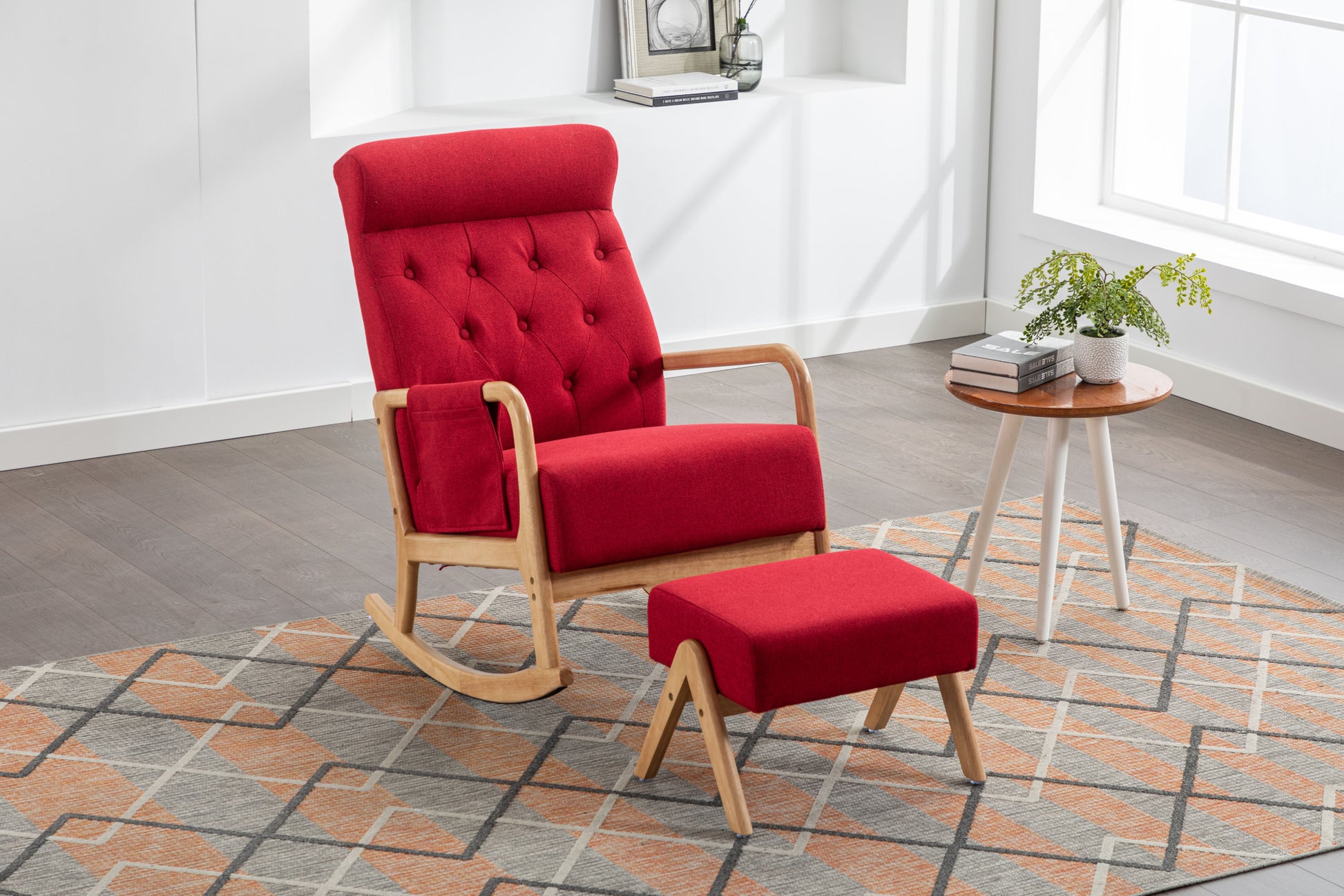 Coolmore Rocking Chair With Ottoman, Mid Century Modern Upholstered Fabric Rocking Armchair, Rocking Chair Nursery With Thick Padded Cushion, High Backrest Accent Glider Rocker Chair For Living Room Red Solid Wood