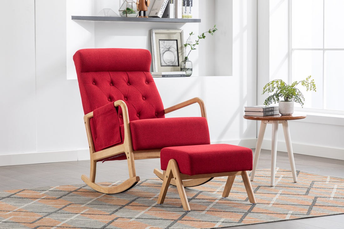 Coolmore Rocking Chair With Ottoman, Mid Century Modern Upholstered Fabric Rocking Armchair, Rocking Chair Nursery With Thick Padded Cushion, High Backrest Accent Glider Rocker Chair For Living Room Red Solid Wood