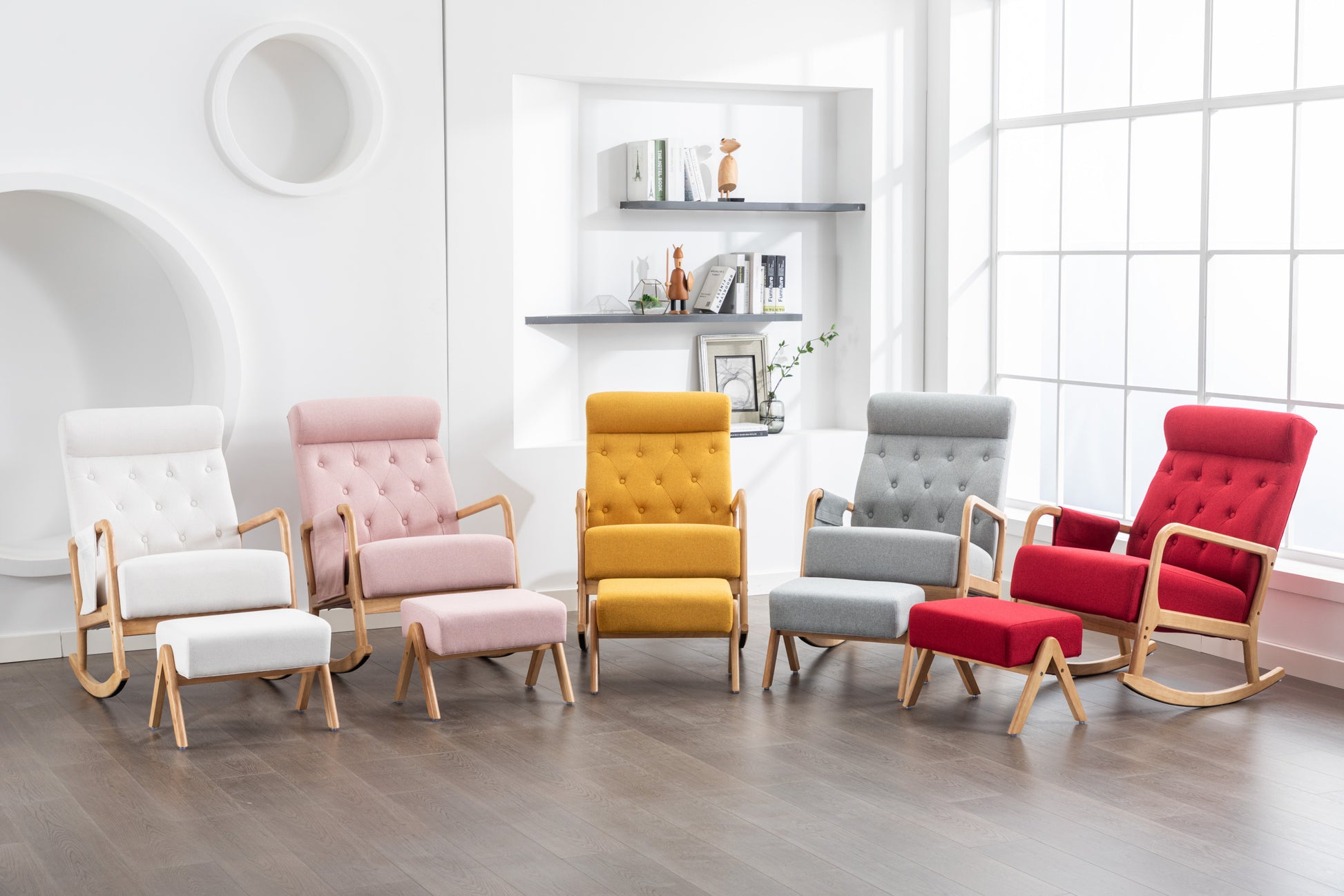 Coolmore Rocking Chair With Ottoman, Mid Century Modern Upholstered Fabric Rocking Armchair, Rocking Chair Nursery With Thick Padded Cushion, High Backrest Accent Glider Rocker Chair For Living Room Yellow Solid Wood