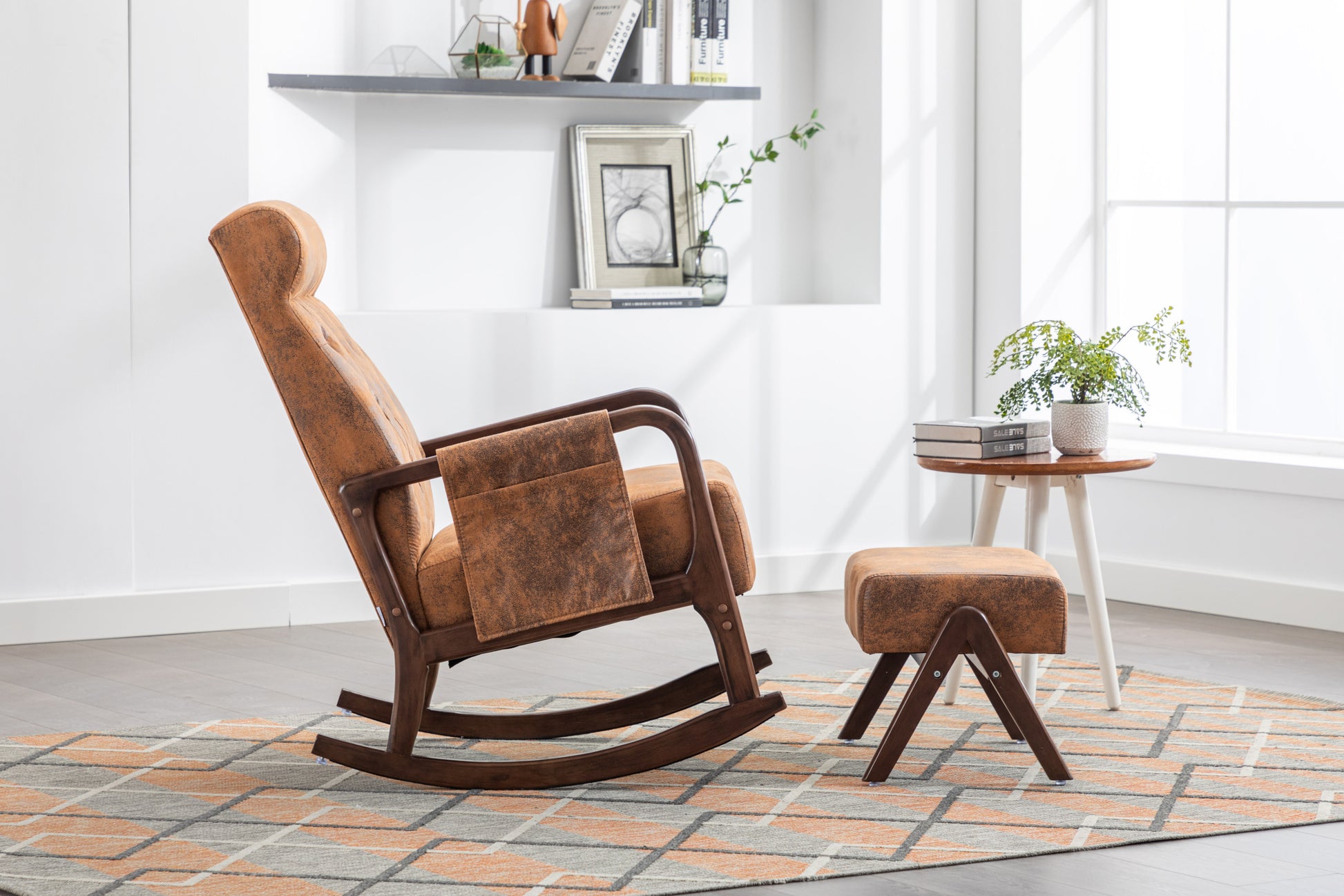 Coolmore Rocking Chair With Ottoman, Mid Century Modern Upholstered Fabric Rocking Armchair, Rocking Chair Nursery With Thick Padded Cushion, High Backrest Accent Glider Rocker Chair For Living Room Coffee Solid Wood