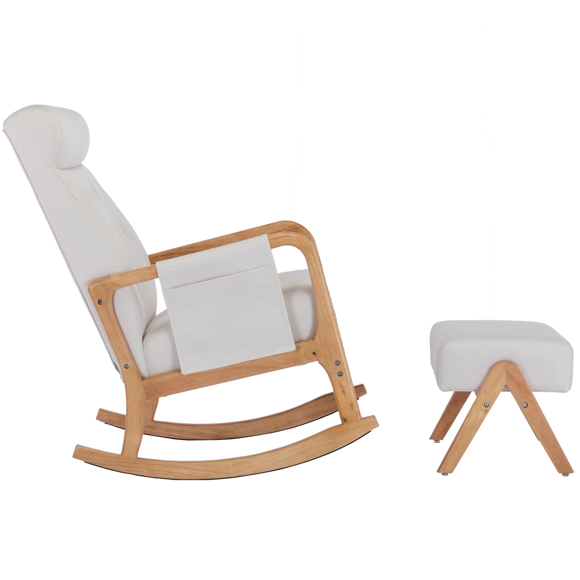 Coolmore Rocking Chair With Ottoman, Mid Century Modern Upholstered Fabric Rocking Armchair, Rocking Chair Nursery With Thick Padded Cushion, High Backrest Accent Glider Rocker Chair For Living Room Beige Solid Wood