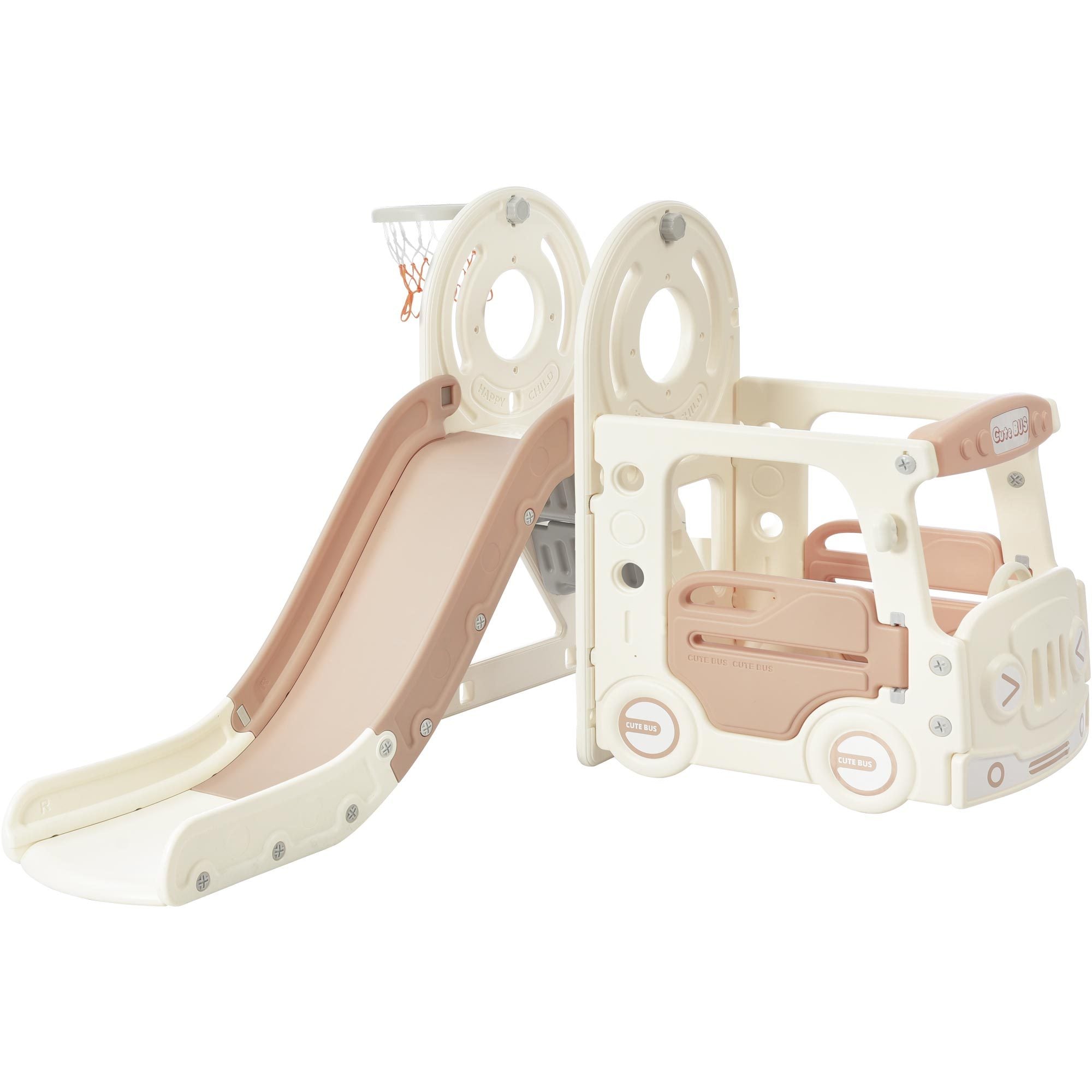 Kids Slide With Bus Play Structure, Freestanding Bus Toy With Slide For Toddlers, Bus Slide Set With Basketball Hoop Beige Hdpe