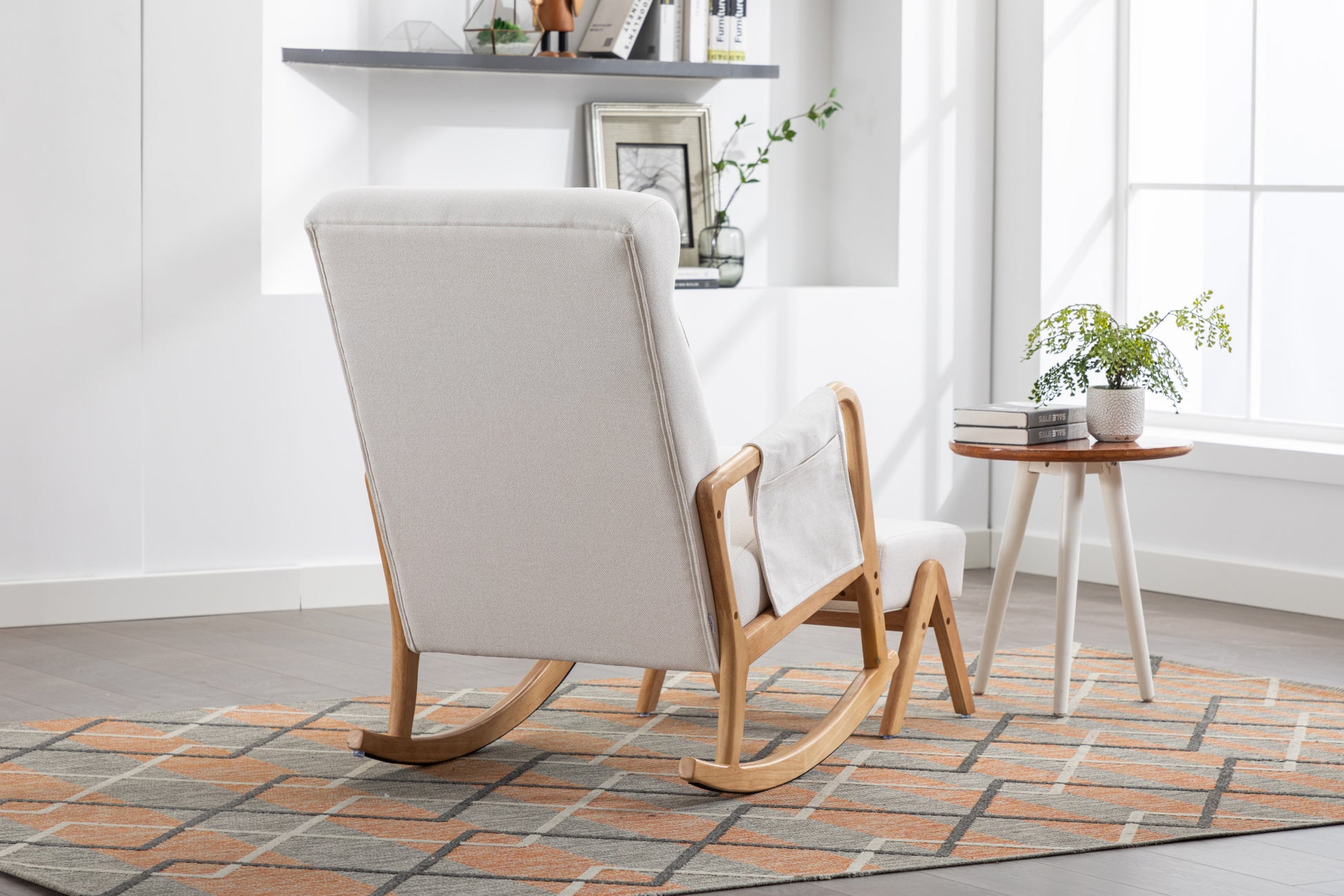 Coolmore Rocking Chair With Ottoman, Mid Century Modern Upholstered Fabric Rocking Armchair, Rocking Chair Nursery With Thick Padded Cushion, High Backrest Accent Glider Rocker Chair For Living Room Beige Solid Wood