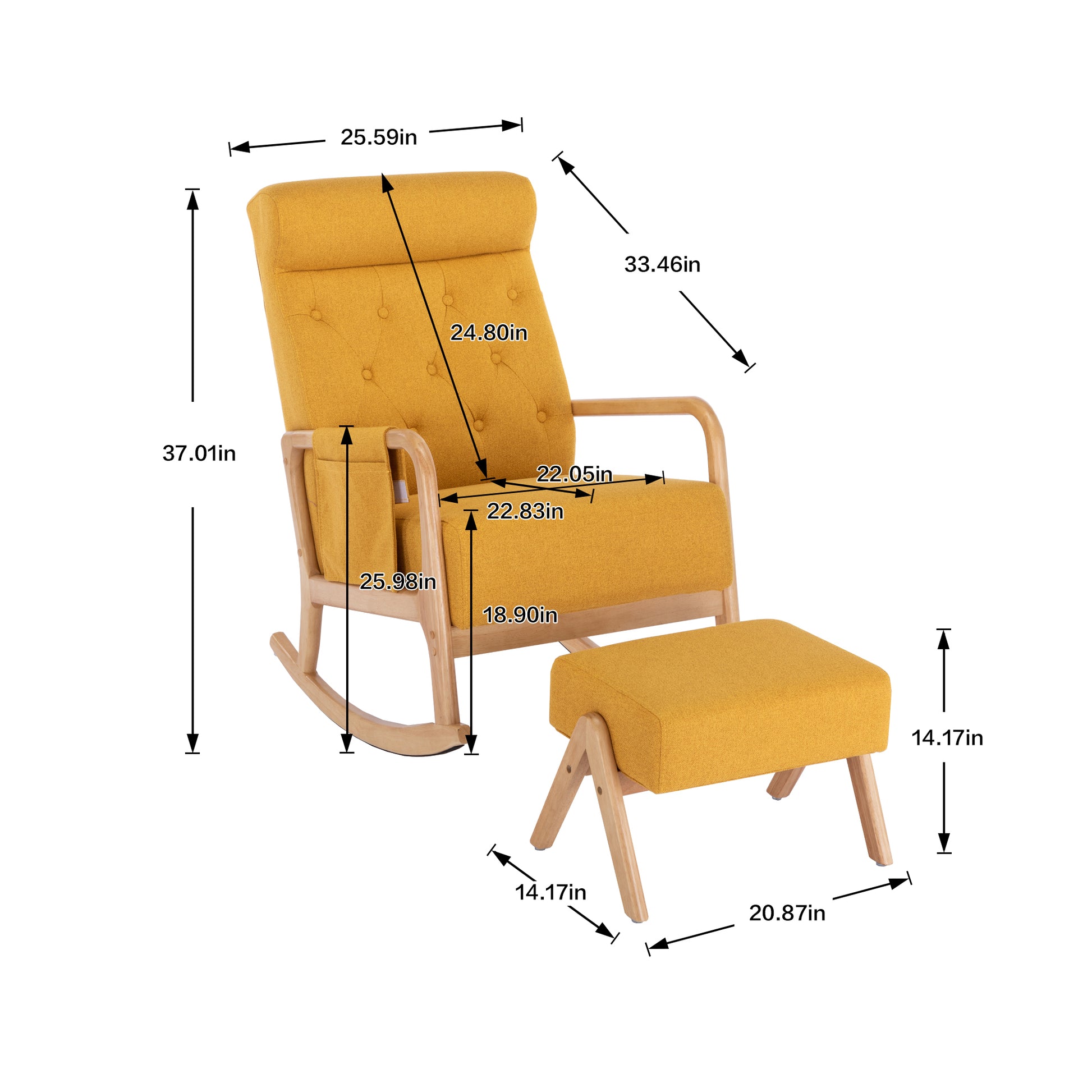 Coolmore Rocking Chair With Ottoman, Mid Century Modern Upholstered Fabric Rocking Armchair, Rocking Chair Nursery With Thick Padded Cushion, High Backrest Accent Glider Rocker Chair For Living Room Yellow Solid Wood