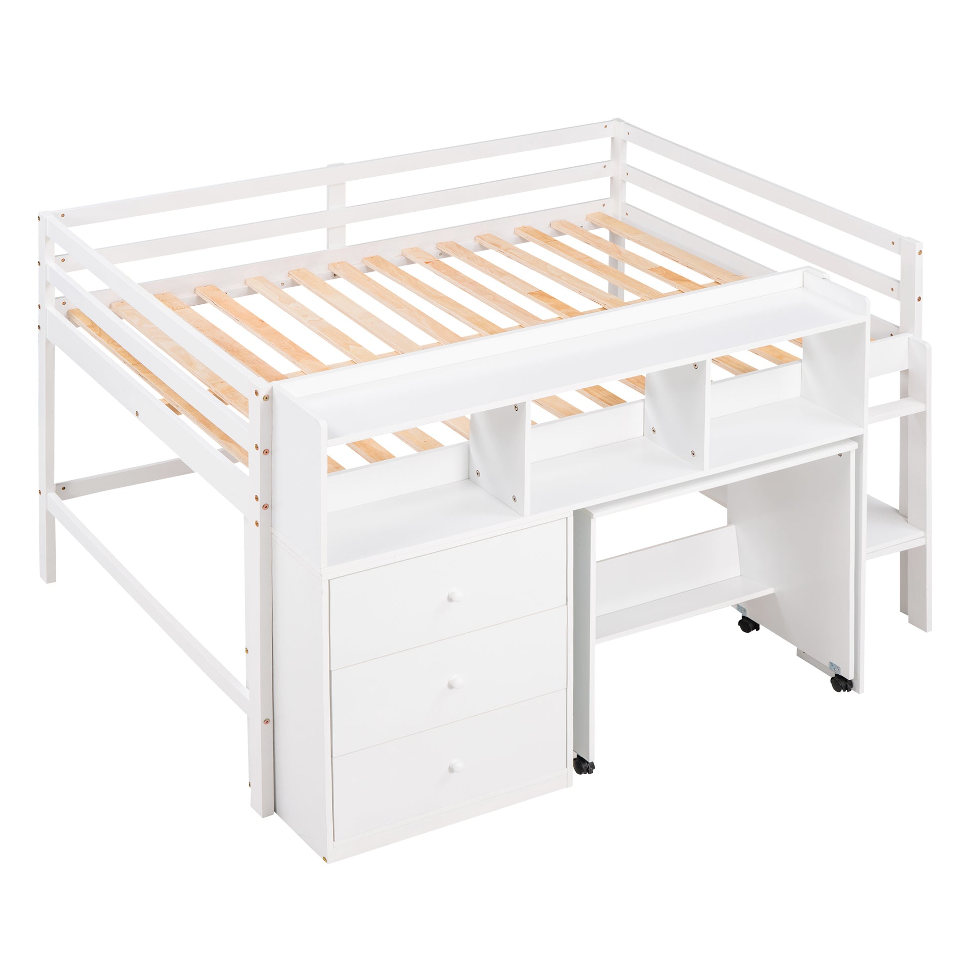 Full Size Low Loft Bed With Rolling Portable Desk, Drawers And Shelves, White Old Sku: Gx000711Aak Box Spring Not Required Full White Wood Bedroom Pine