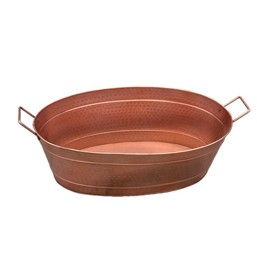 Oval Shape Hammered Texture Metal Tub With 2 Side Handles, Copper Coppery Steel