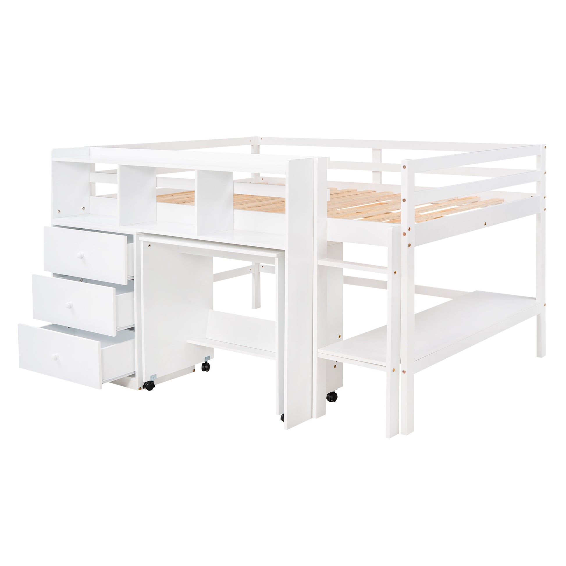 Full Size Low Loft Bed With Rolling Portable Desk, Drawers And Shelves, White Old Sku: Gx000711Aak Box Spring Not Required Full White Wood Bedroom Pine