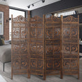 Hand Carved Sun And Moon Design Foldable 4 Panel Wooden Room Divider, Brown Brown Solid Wood