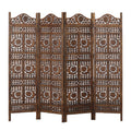 Hand Carved Sun And Moon Design Foldable 4 Panel Wooden Room Divider, Brown Brown Solid Wood
