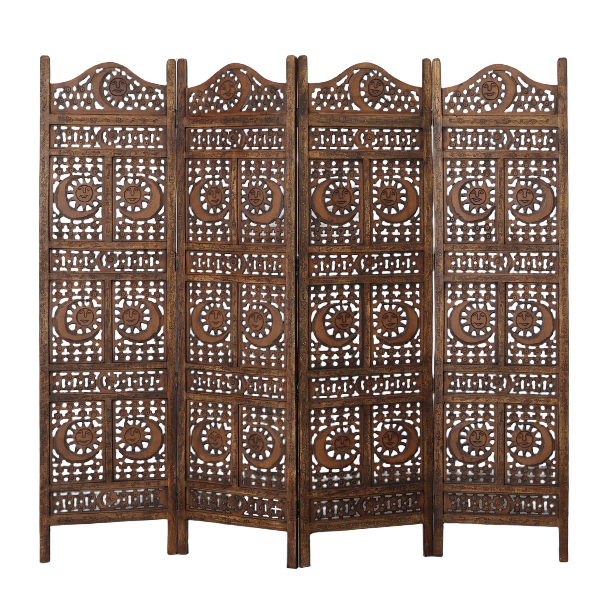 Hand Carved Sun And Moon Design Foldable 4 Panel Wooden Room Divider, Brown Brown Solid Wood