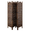 Hand Carved Sun And Moon Design Foldable 4 Panel Wooden Room Divider, Brown Brown Solid Wood