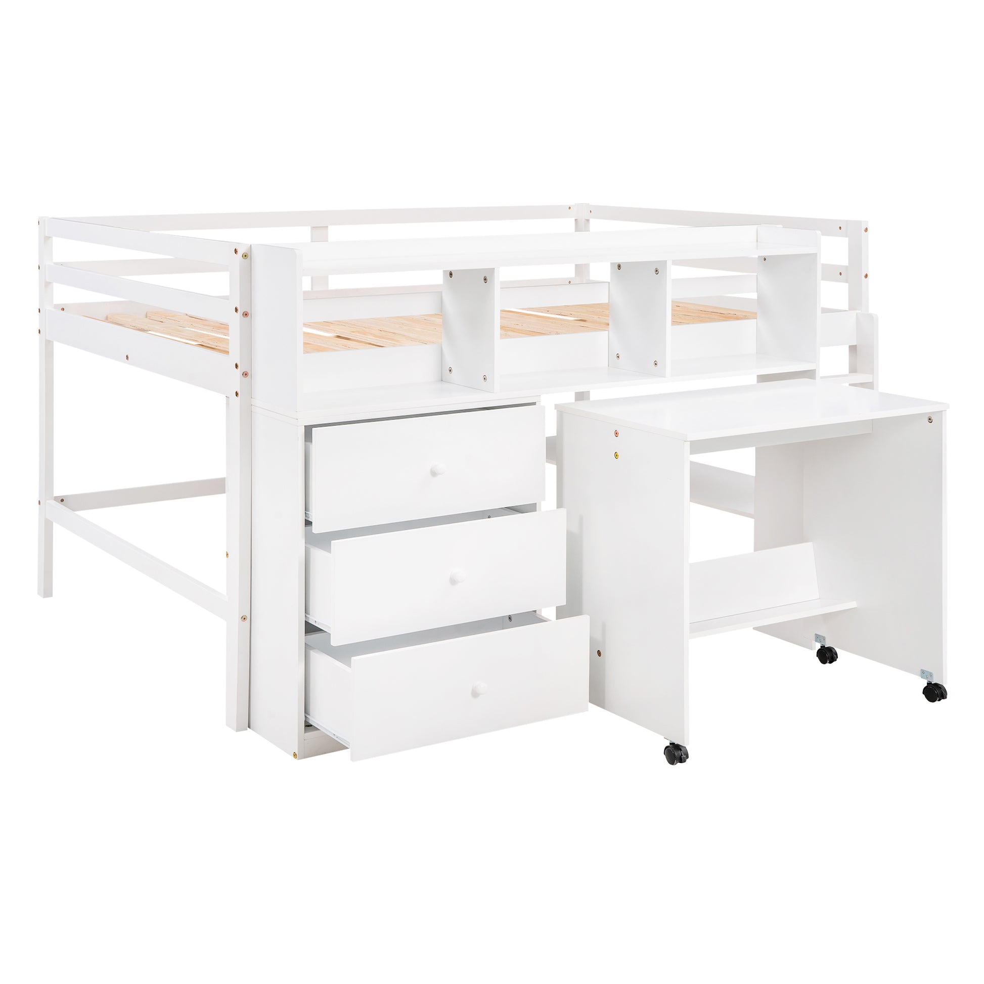 Full Size Low Loft Bed With Rolling Portable Desk, Drawers And Shelves, White Old Sku: Gx000711Aak Box Spring Not Required Full White Wood Bedroom Pine