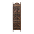 Hand Carved Sun And Moon Design Foldable 4 Panel Wooden Room Divider, Brown Brown Solid Wood