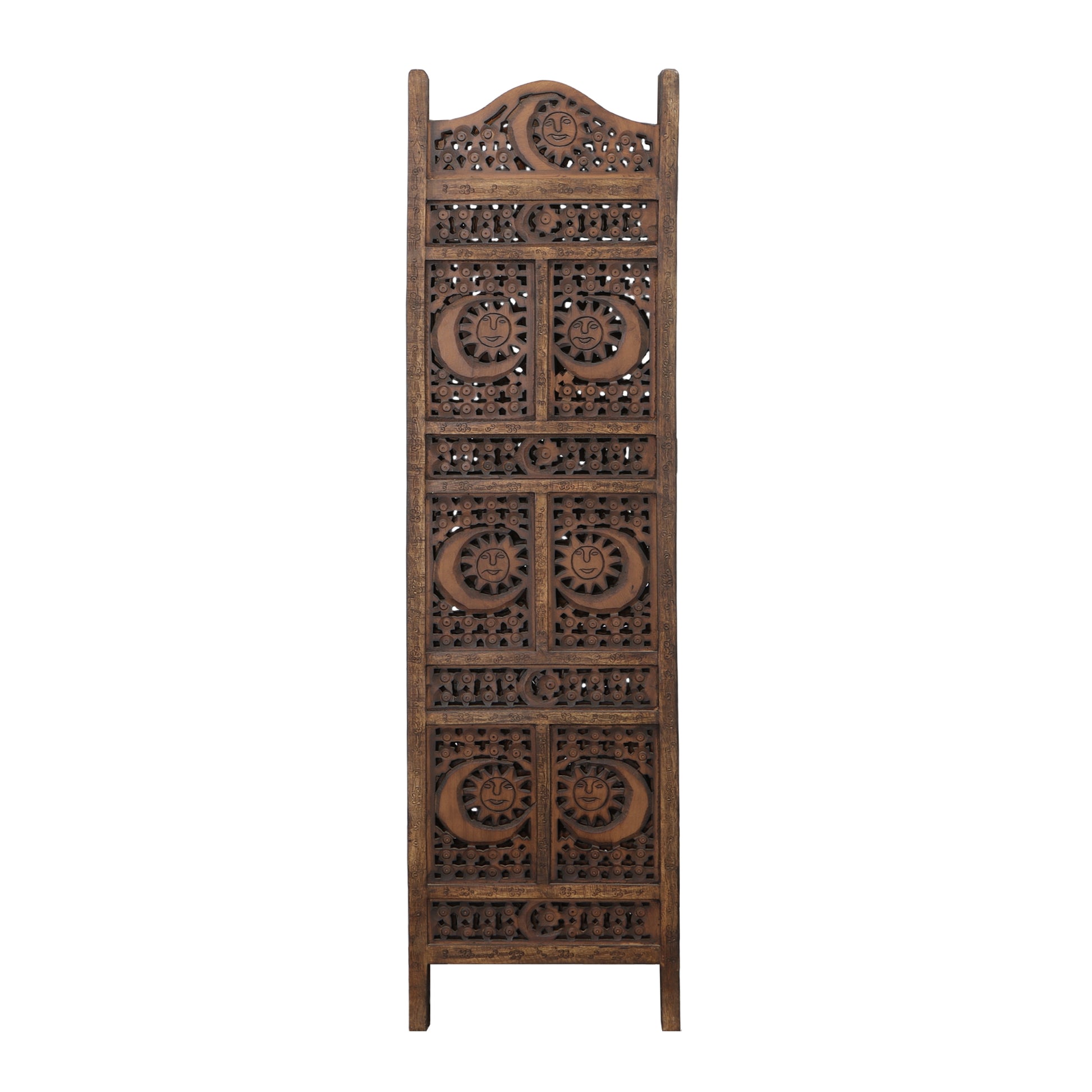Hand Carved Sun And Moon Design Foldable 4 Panel Wooden Room Divider, Brown Brown Solid Wood