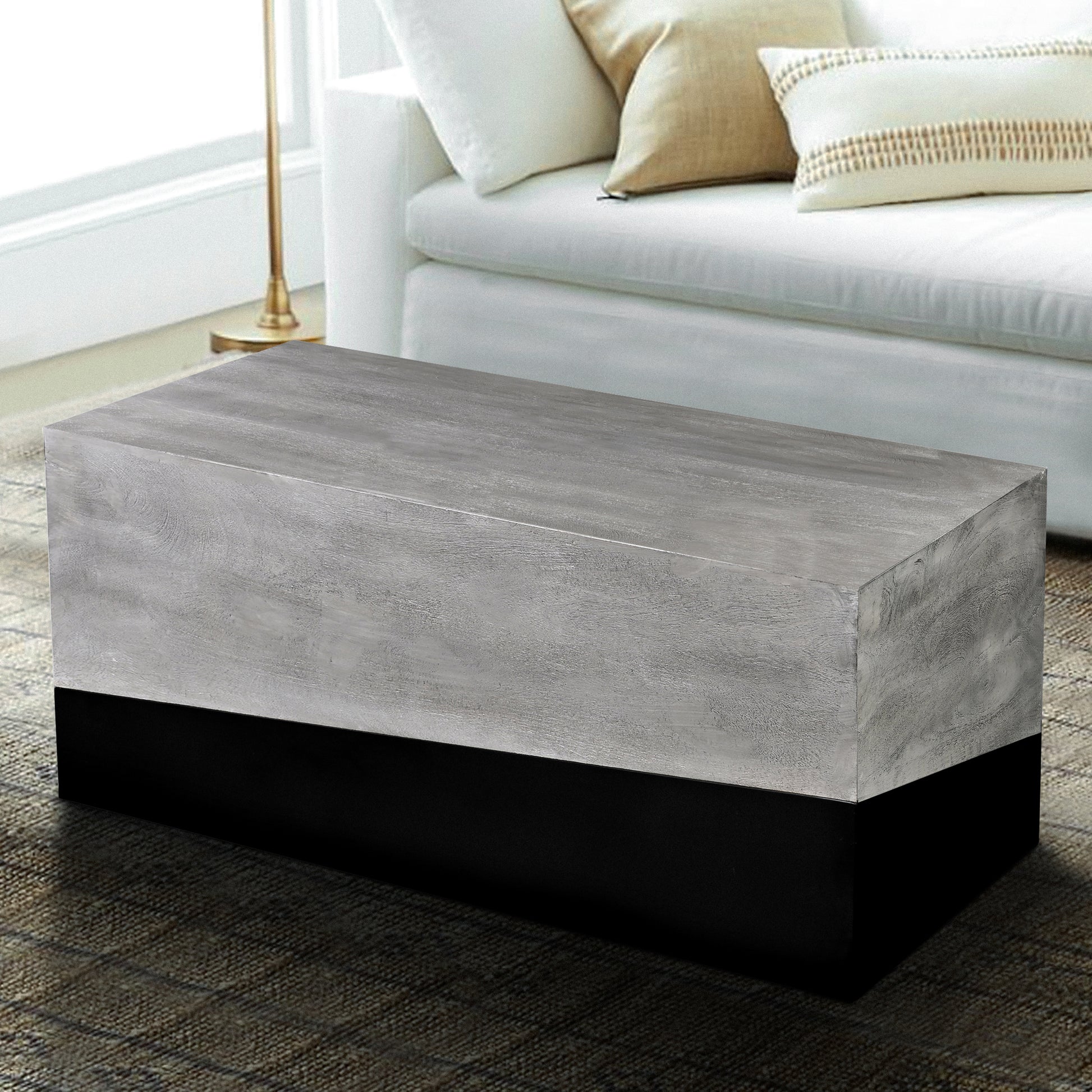 45 Inch Rectangular Mango Wood Coffee Table, Iron Base, Washed White And Black Gray Solid Wood