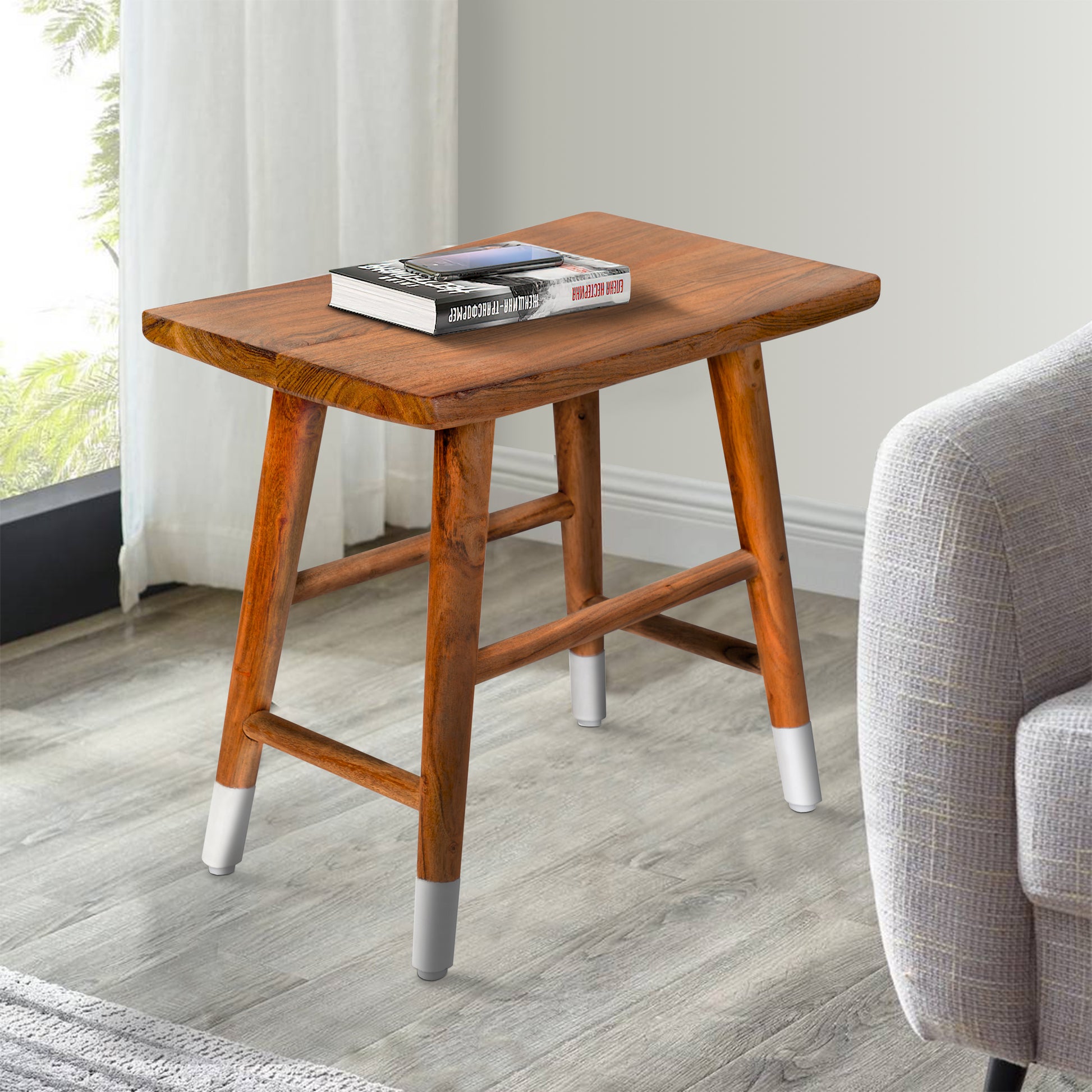 18 Inch Rectangular Acacia Wooden Side Table With Angled Legs, Warm Brown Brown Solid Wood