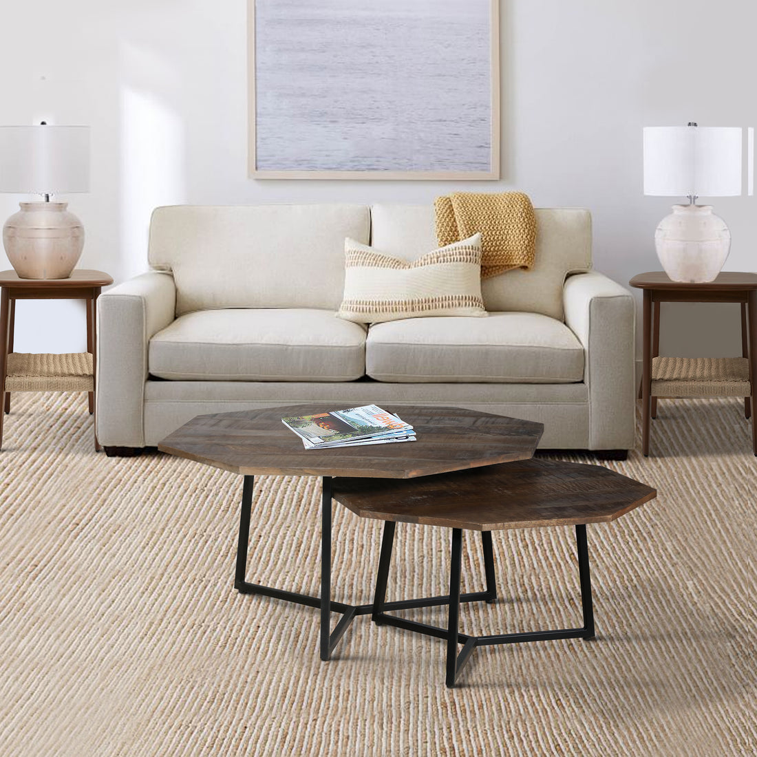 35, 28 Inch 2 Piece Nesting Coffee Table Set, Octagon Top, Mango Wood, Brown And Black Brown Solid Wood