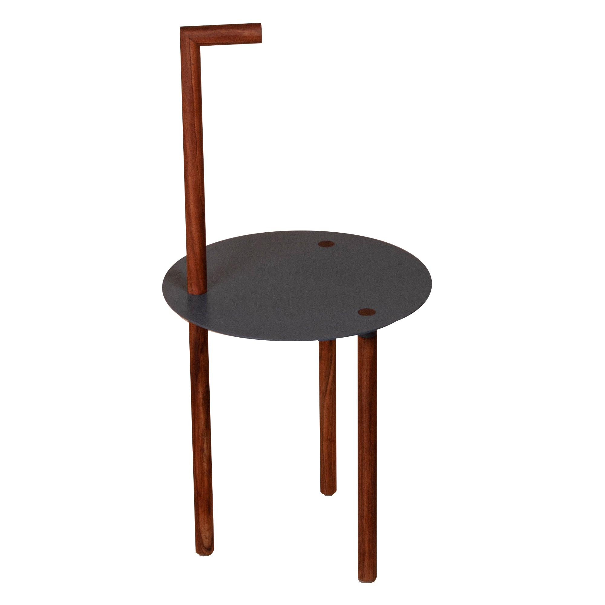 29 Inch Round Metal Top End Table With Inbuilt Wooden Pole, Brown And Black Brown Solid Wood