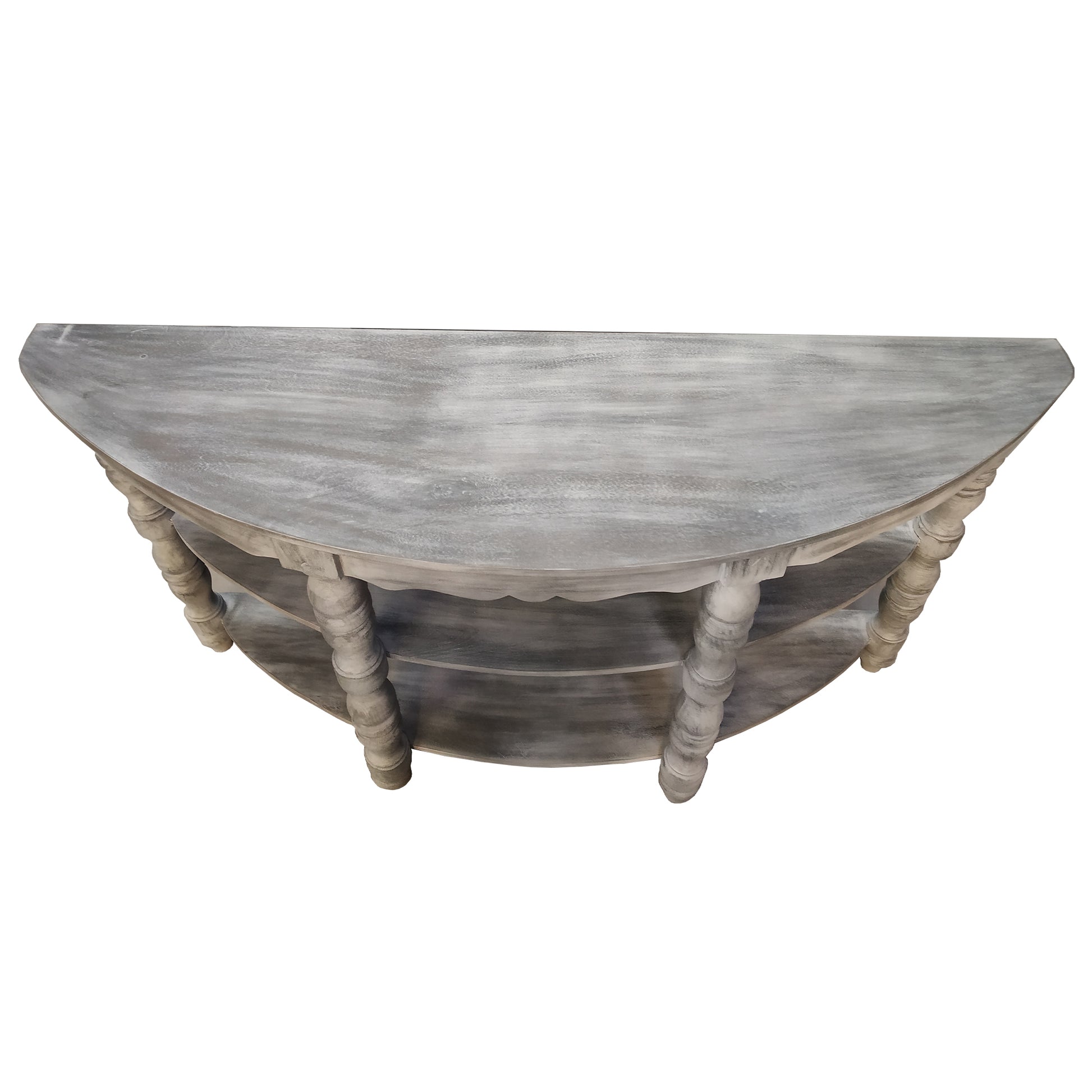 Half Moon Shaped Wooden Console Table With 2 Shelves And Turned Legs, Gray Gray Solid Wood