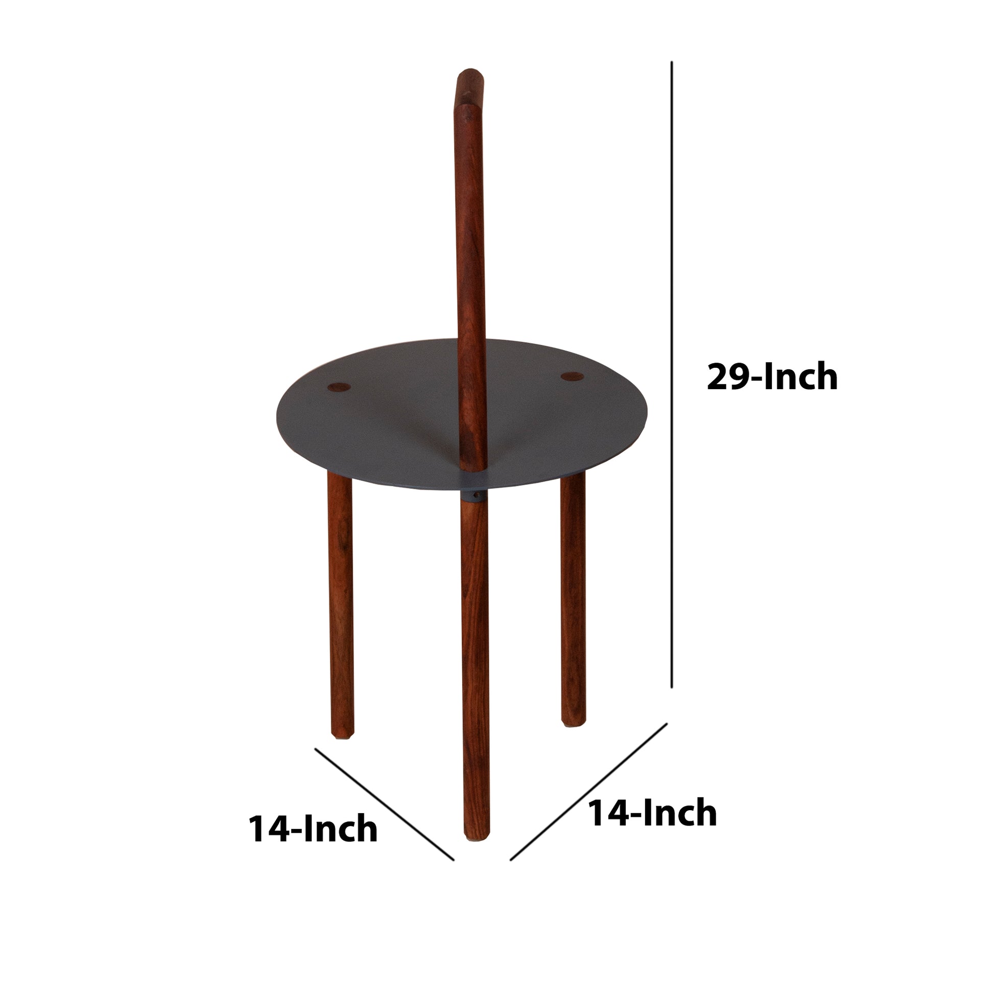 29 Inch Round Metal Top End Table With Inbuilt Wooden Pole, Brown And Black Brown Solid Wood