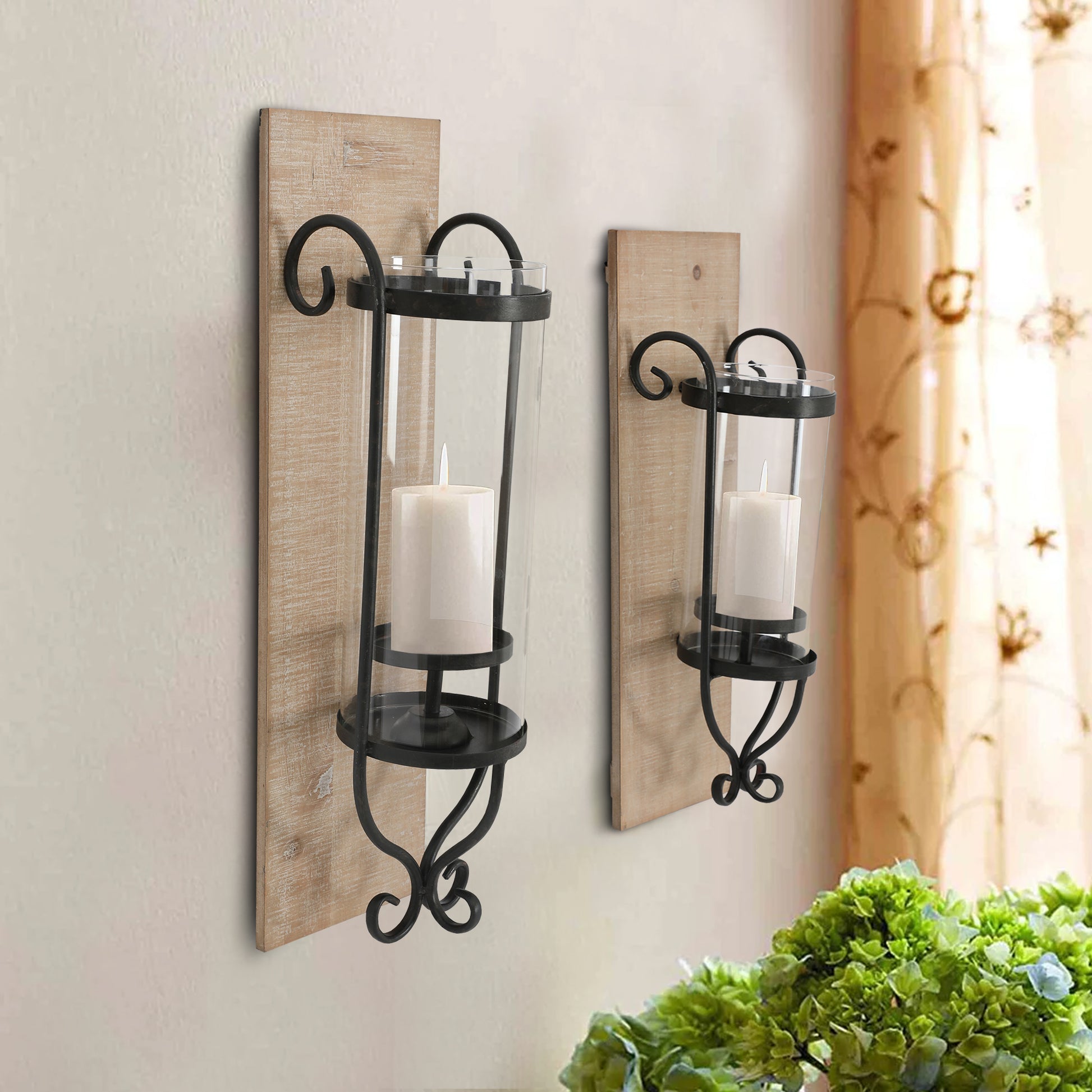 21 Inch Industrial Wall Mount Wood Candle Holder With Glass Hurrican, Set Of 2, Black Brown Solid Wood