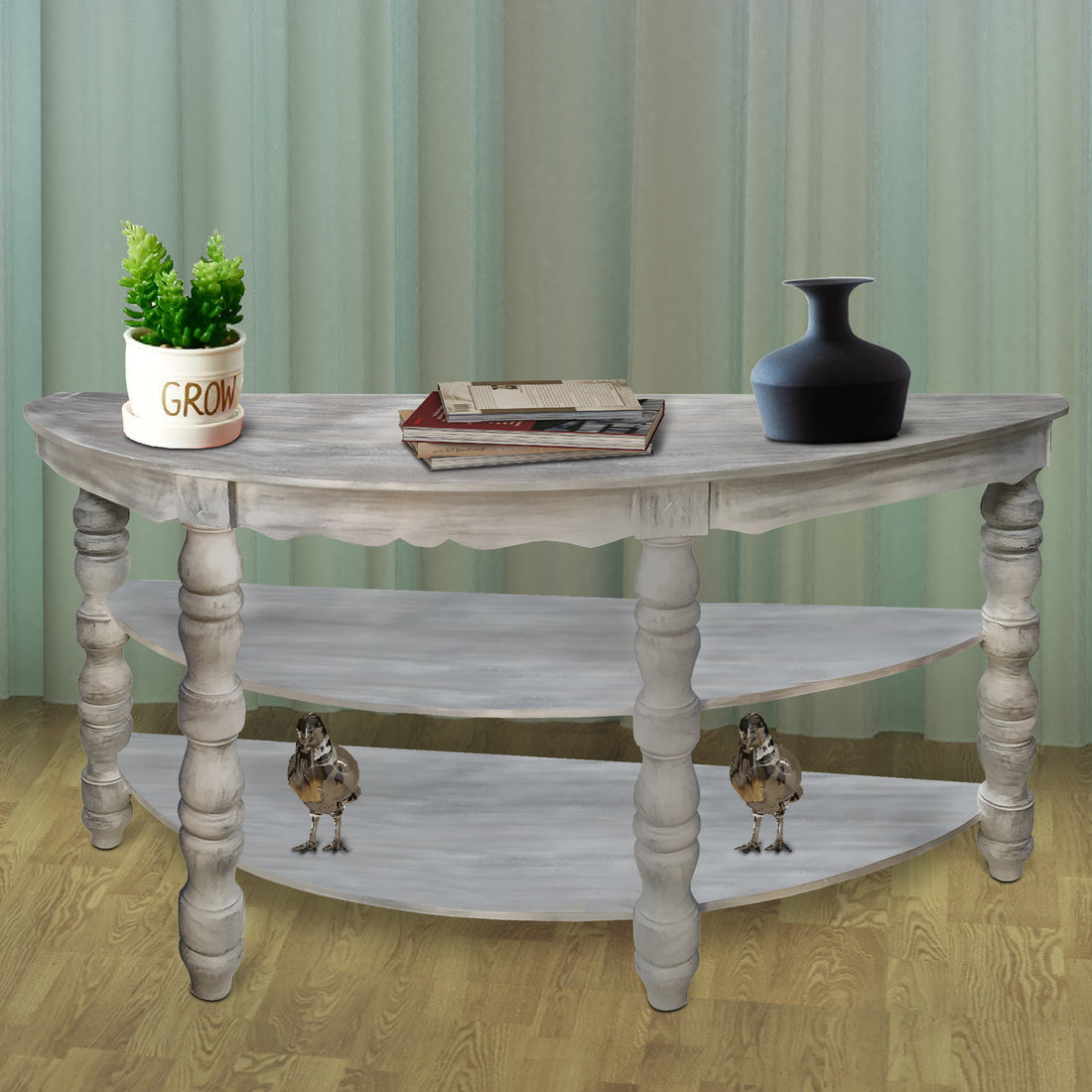 Half Moon Shaped Wooden Console Table With 2 Shelves And Turned Legs, Gray Gray Solid Wood