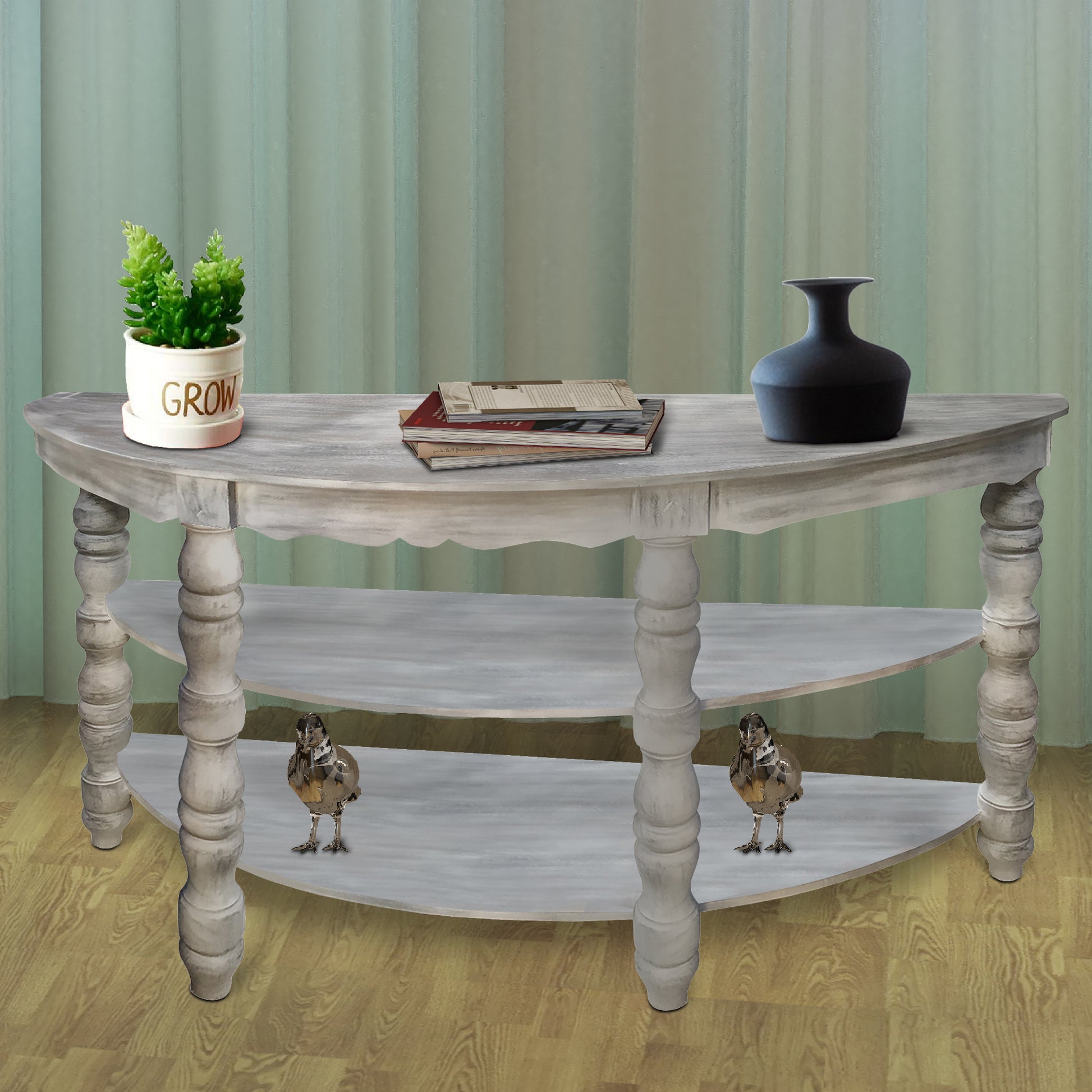 Half Moon Shaped Wooden Console Table With 2 Shelves And Turned Legs, Gray Gray Solid Wood