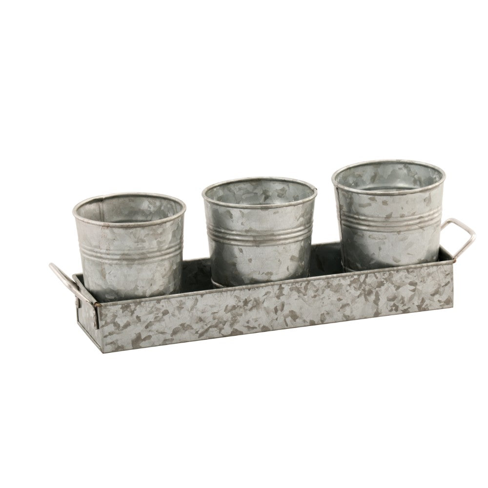 Galvanized Set Of Three Planters With Tray, Gray Gray Metal