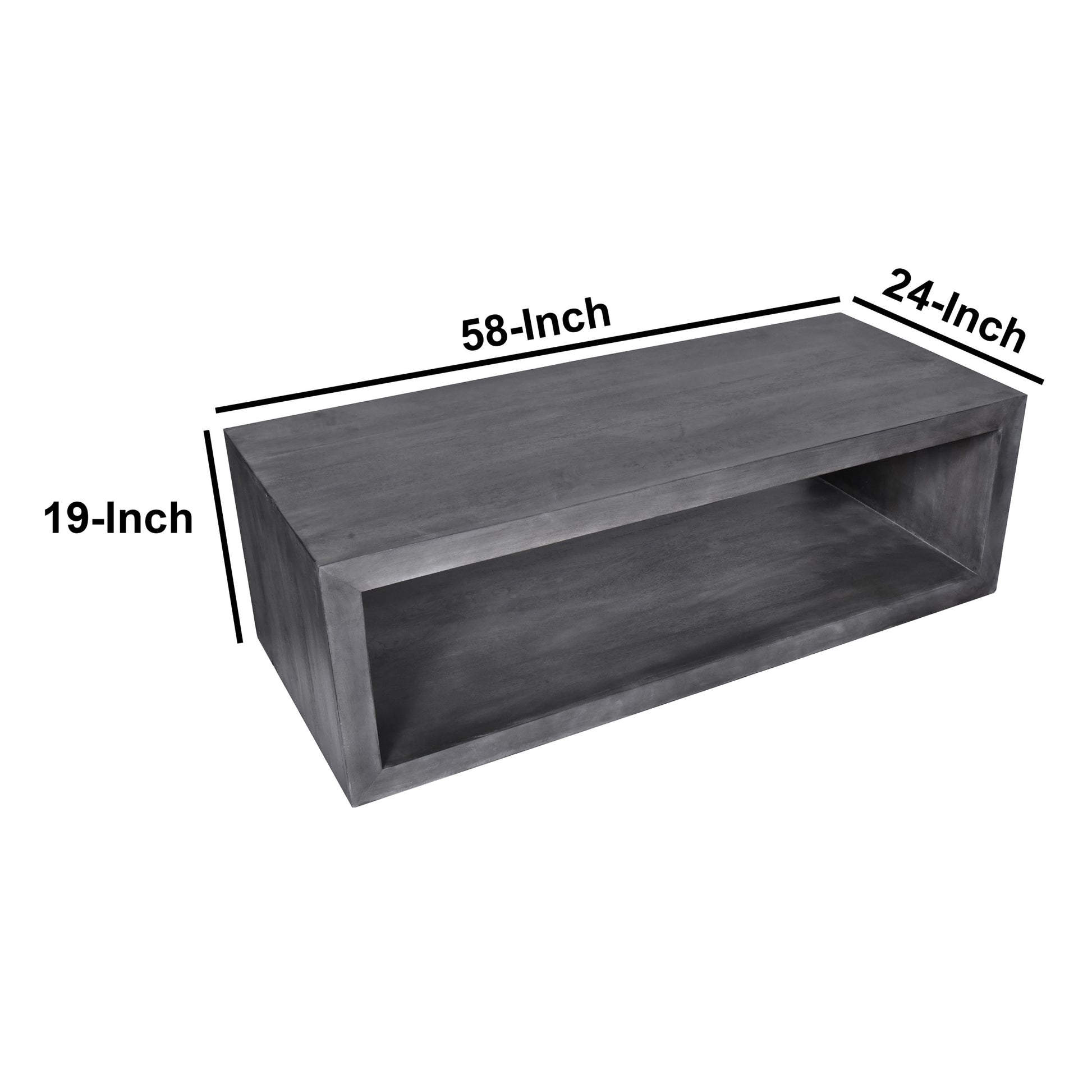 58" Cube Shape Wooden Coffee Table With Open Bottom Shelf, Charcoal Gray Gray Solid Wood