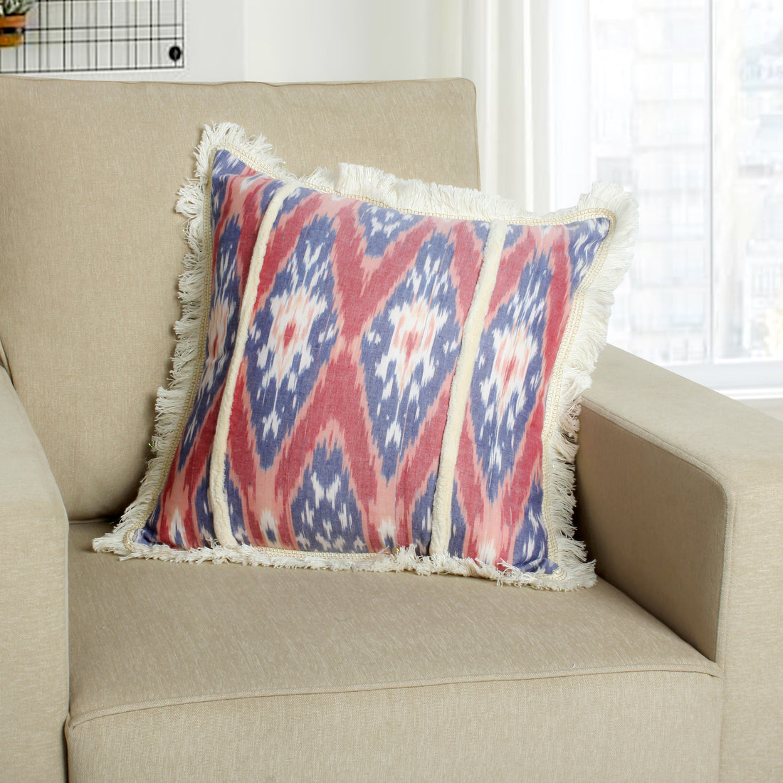 18 X 18 Handcrafted Square Cotton Accent Throw Pillow, Floral Ikat Dyed Pattern, Fringe Accent, Multicolor Red Cotton