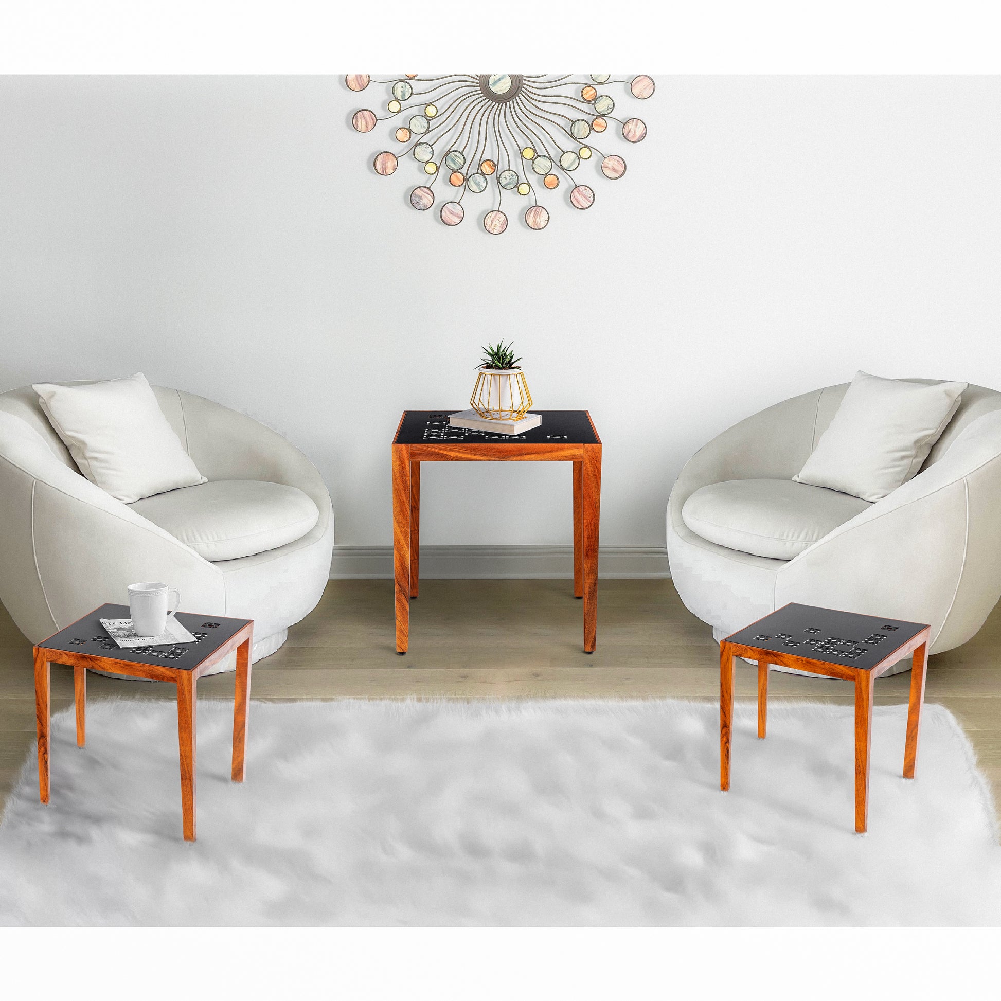 Alba 22 Inch 3 Piece Nesting Table Set, Laser Cut Metal, Black, Brown Black Solid Wood