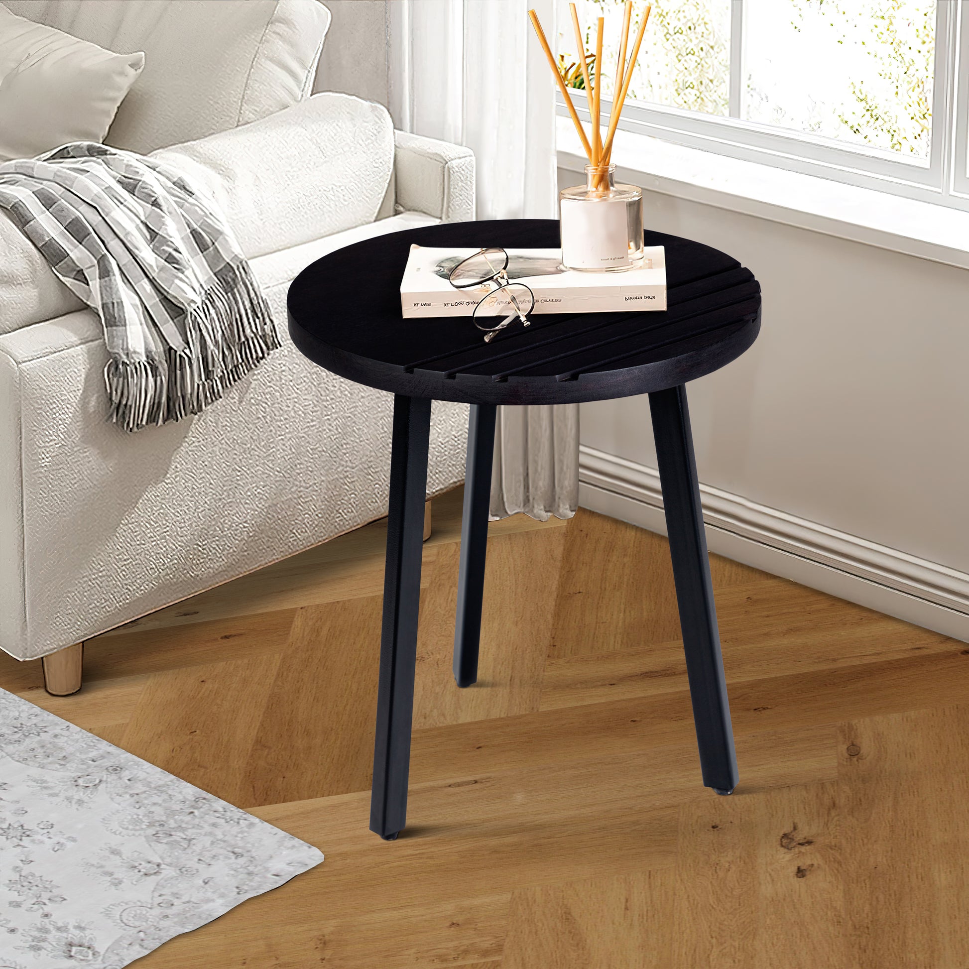 18 Inch Round Mango Wood Side End Table, Grooved Design, Metal Legs, Black Black Solid Wood